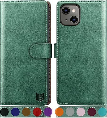 SUANPOT Funda para iPhone 13 (no 13Pro) de 6.1 pulgadas 5G con bloqueo RFID, tarjetero y tarjetero, funda de piel sintética con tapa para teléfono,