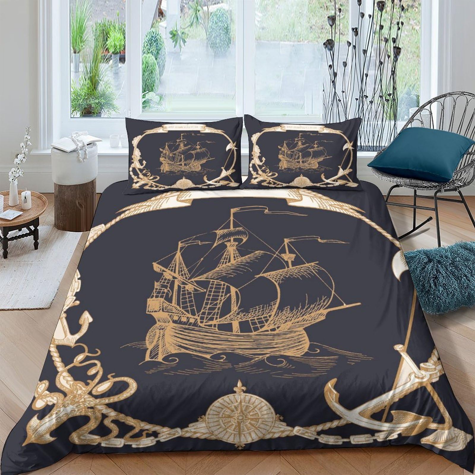 Ctjqhvkz Style-7 3D Printed Vintage Pirate Ship Fitted Sheet Microfiber Black Gold Nautical Anchor Mattress Cover For Bedroom Guest Room Decor Single（135X200cm）
