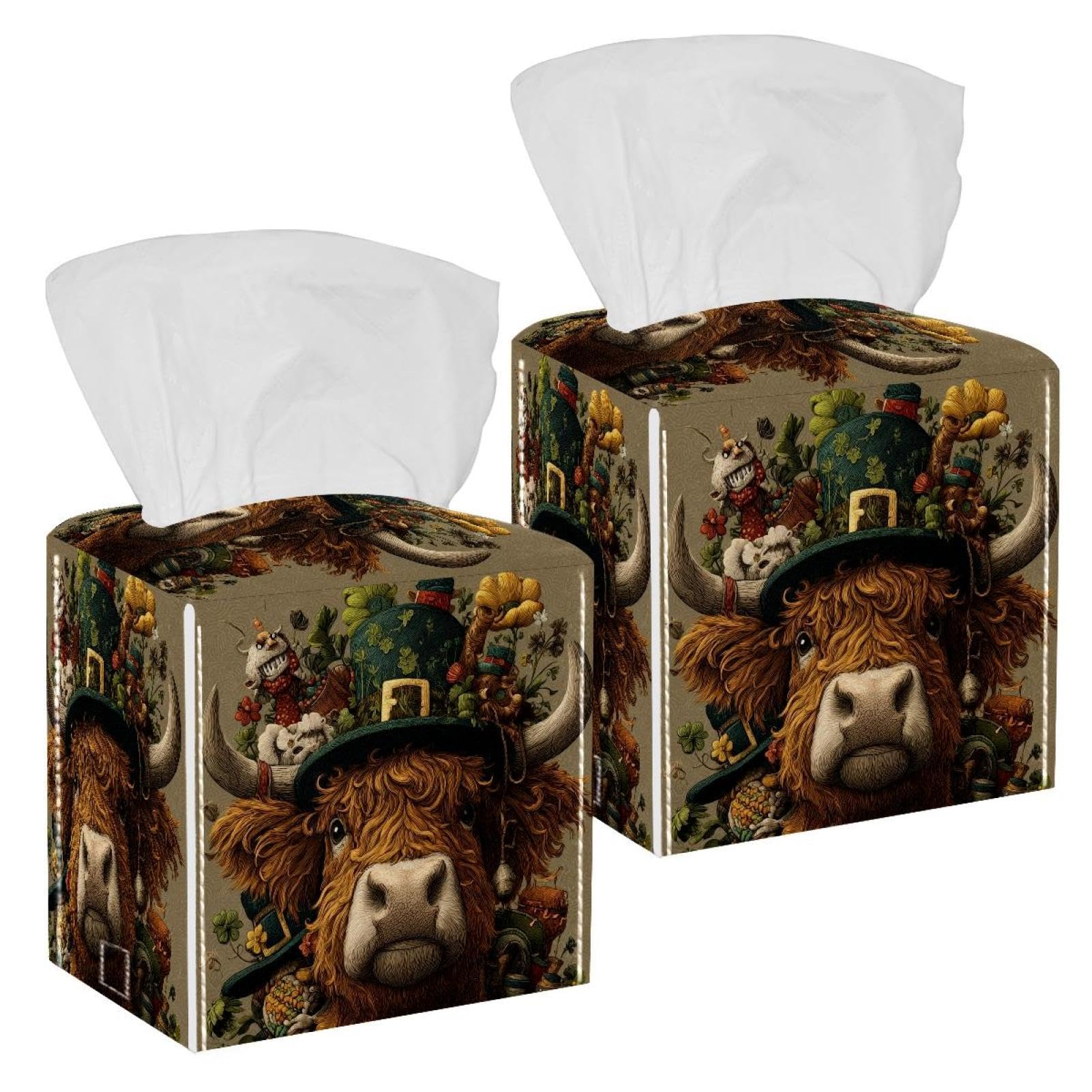 Highland Cow Tissue Box Cover, 2 Pack PU Leather Square Facial Tissue Dispenser Box holder for Home Office Car