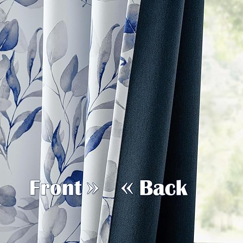 Miniatura 9 de Cortinas 100% opacas de 84 pulgadas de largo para dormitorio, cortinas estampadas florales azules para oscurecer la sala de estar, cortinas con