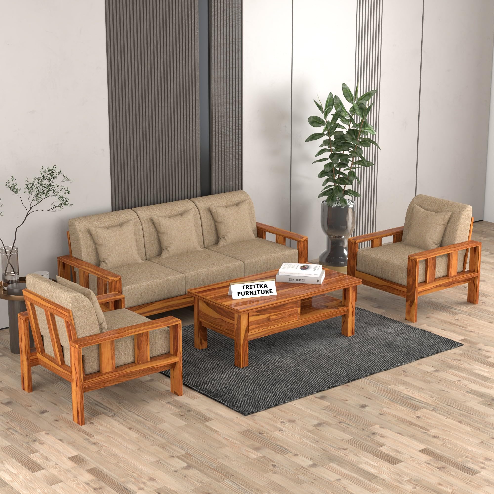 Solid Wood Living Room Sofa Set 3+1+1 Seater | Teak Finish | Beige Cushions | Mission Style Design | Handcrafted Wooden Furniture for Home & Office Decor (Cinnamon)-image-38