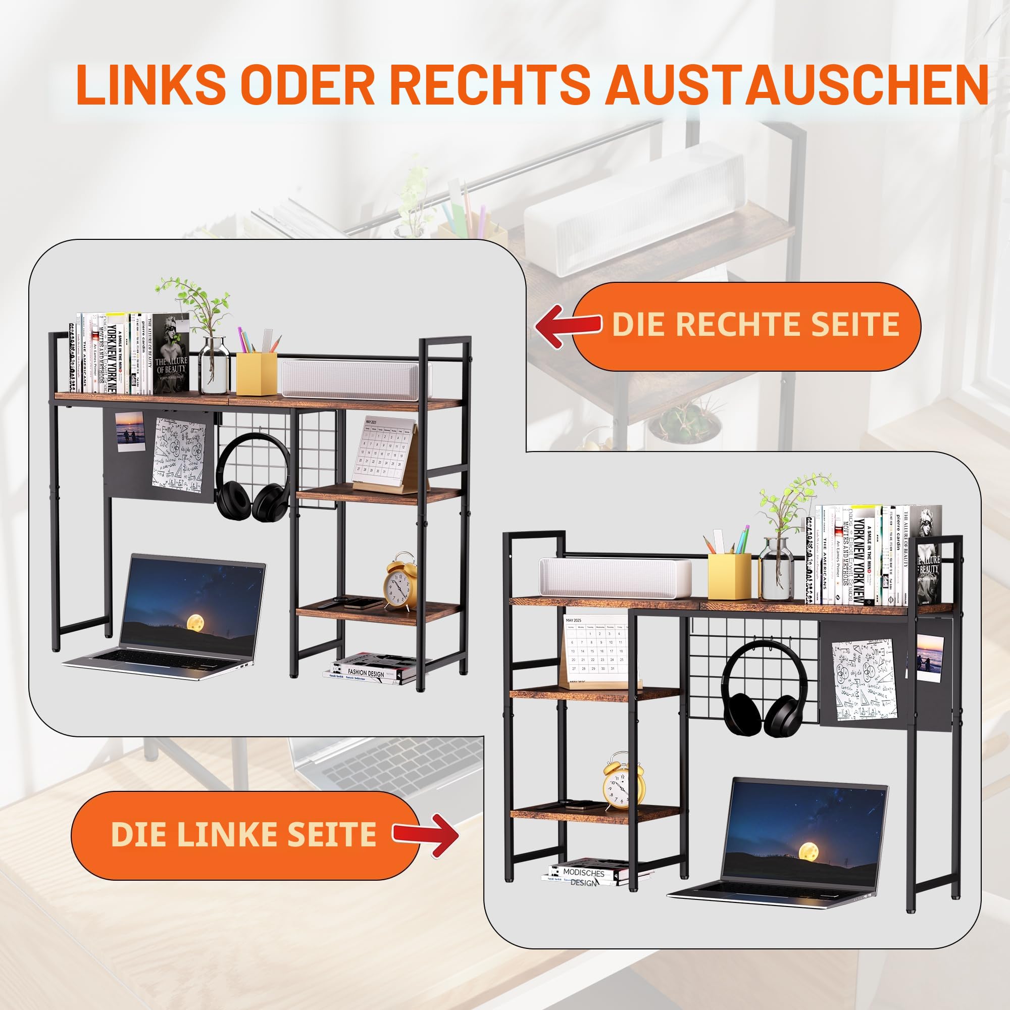 Schreibtisch-Bücherregal, 3-stöckig, 97,8 cm, Schreibtisch-Organizer, Regal und Computer-Monitorständer, dunkelbraun