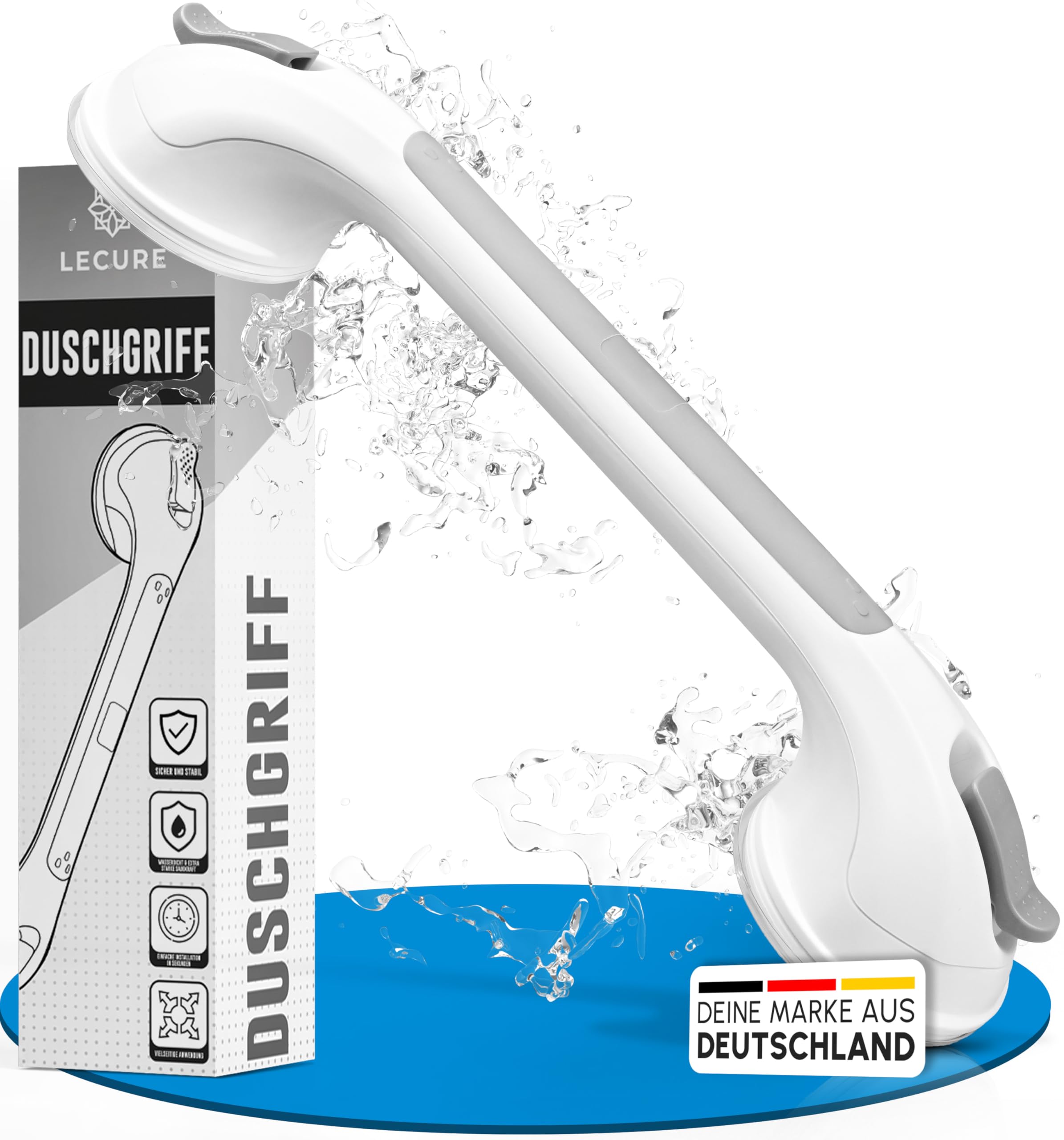 LECURE® Haltegriff Dusche [ohne Bohren] - Extra starker Dusch- & Badewannengriff mit Saugnapf - Ideal für Senioren und Menschen mit körperlichen Einschränkungen [110 kg Tragkraft]