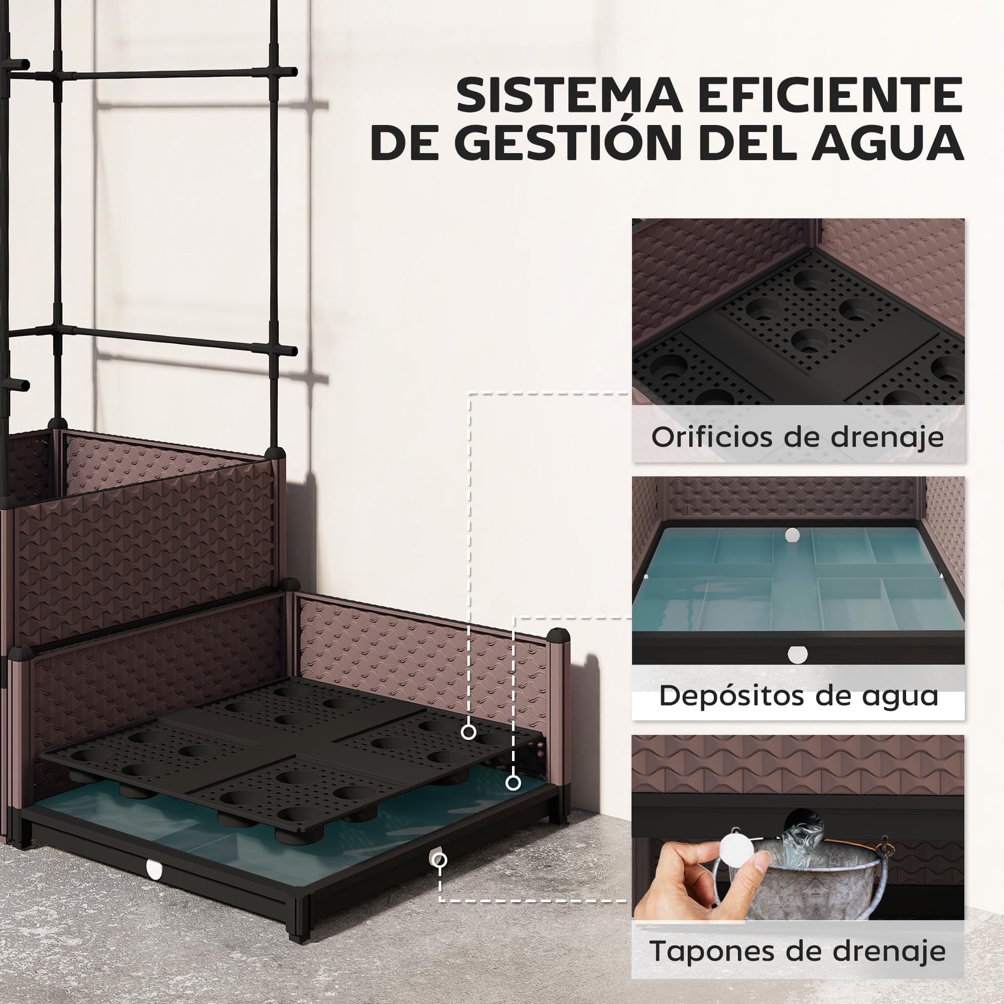 Outsunny Jardinera con Enrejado Metálico, Jardinera Exterior Grande para Plantas Trepadoras, 2 Macetas de PP con Orificios de Drenaje, Tapones, Macetero Elevado para Jardín Patio, 100x50x174 cm, Negro