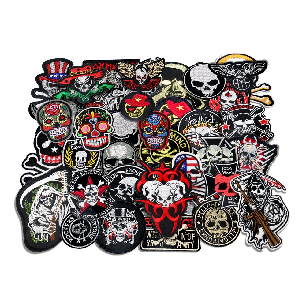 24pcs Mixed 5 to 12cm Iron On Embroidered Patches Skull Style Appliques