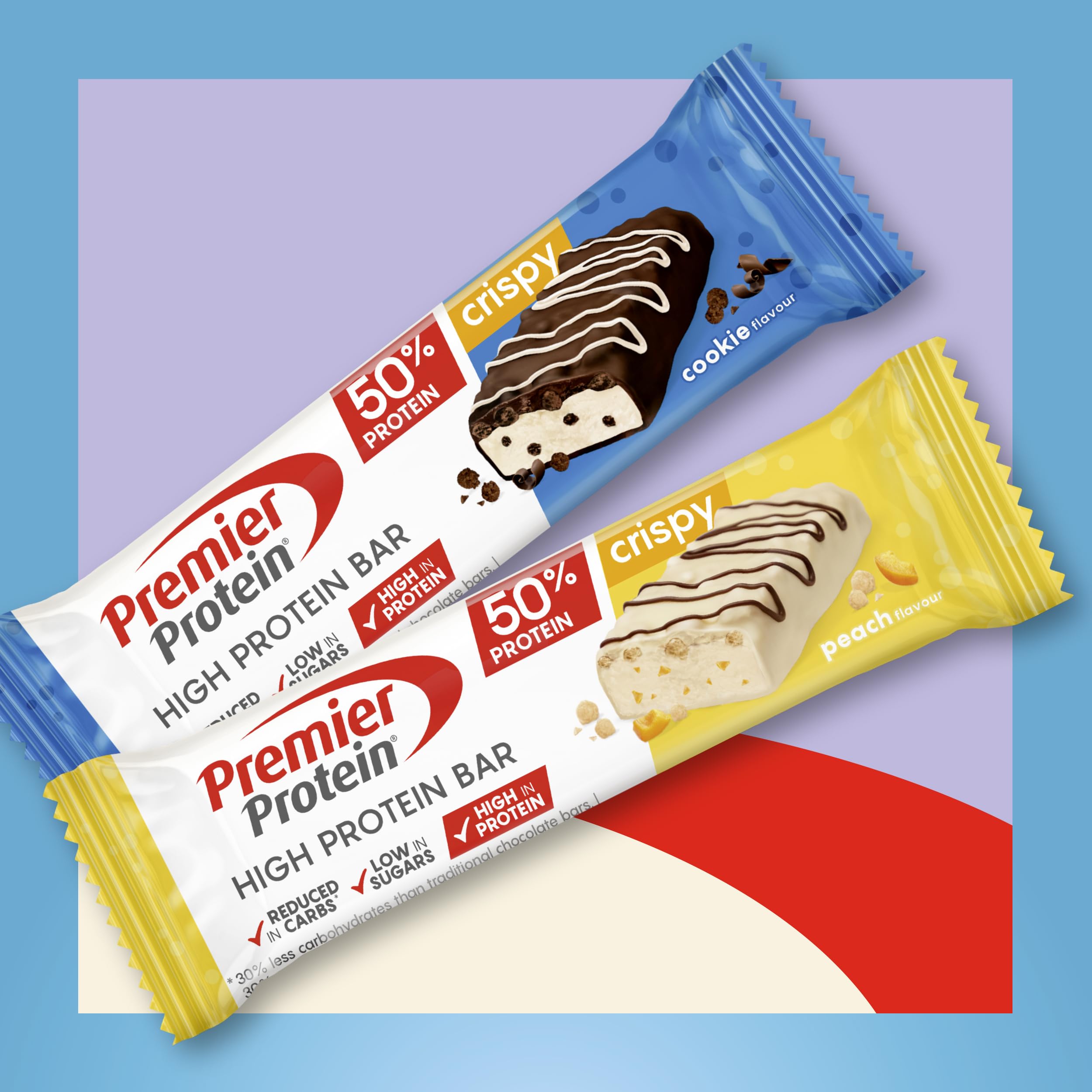 Premier Protein High Protein Bar Crispy Bundle – Crispy Peach (16x40g) + Crispy Cookie (16x40g)