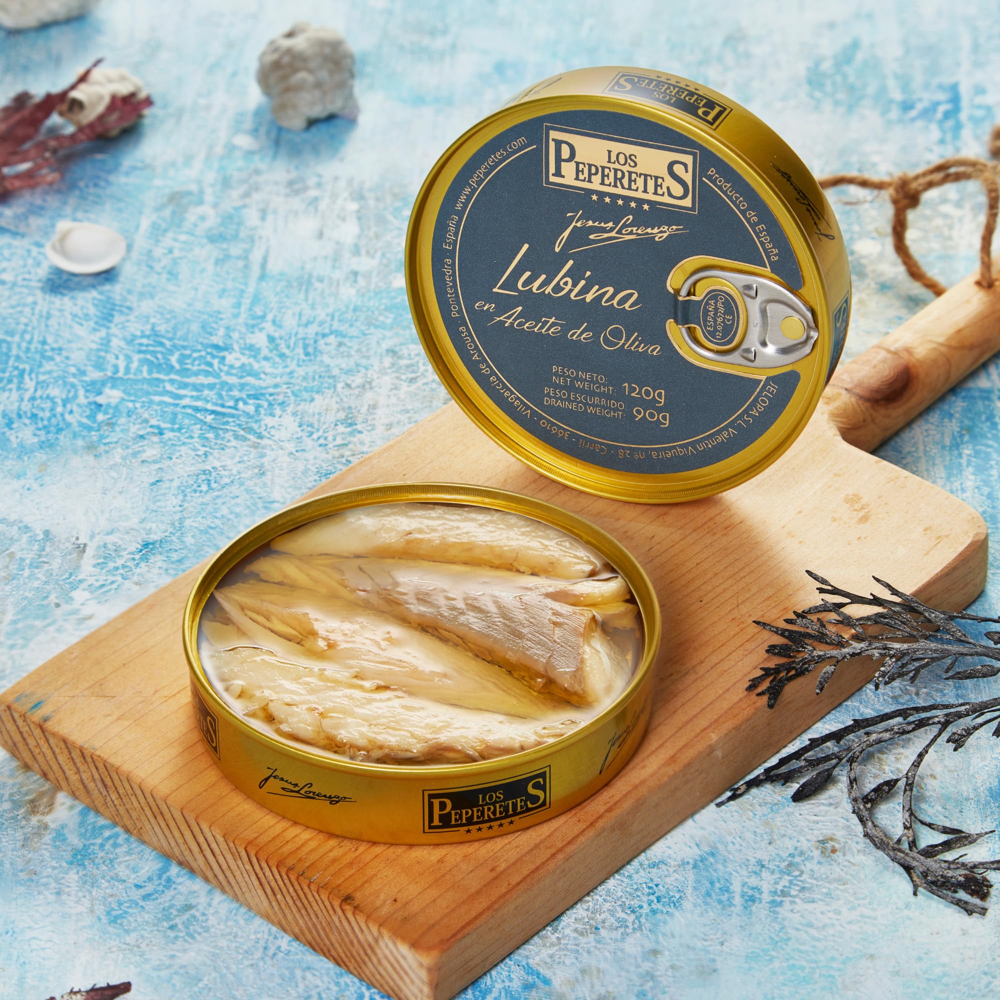 LOS PEPERETES x3 Lata Lubina en Aceite de Oliva 120 g | Pescado Blanco Gourmet del Atlántico | Conserva Artesanal Gallega con Aceite de Oliva Virgen Extra | Producto Natural y Saludable