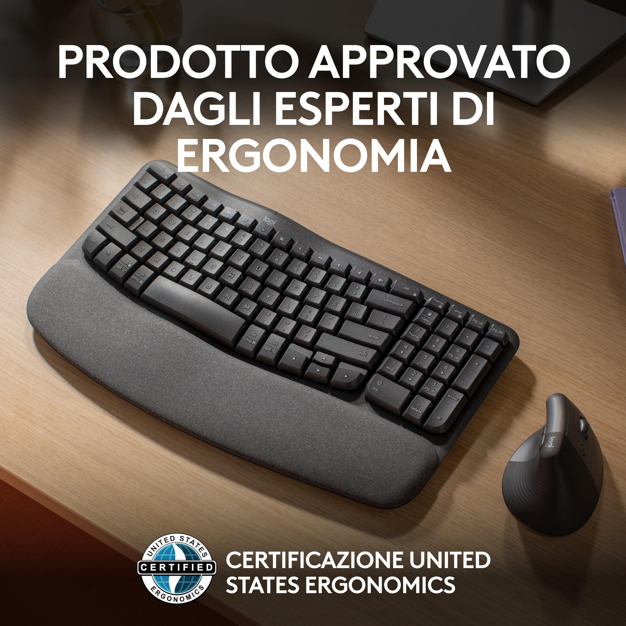Logitech Wave Keys tastiera wireless ergonomica con supporto per i polsi imbottito, digitazione comoda, Easy-Switch, Bluetooth, Logi Bolt,compatibile con più sistemi operativi, Windows/Mac - Grafite