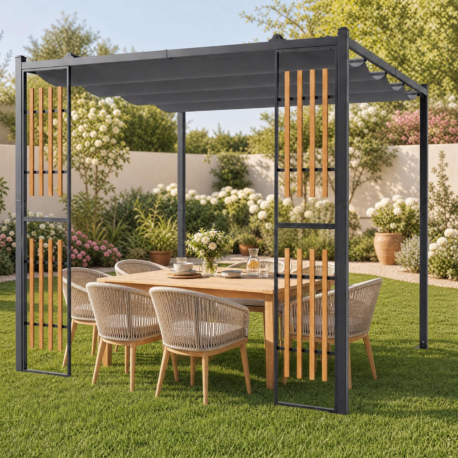 GOPLUS 2,32x2,32 M Pérgola de Jardín con Techo Retráctil y Pantallas | Cenador Cuadrado para Exteriores con Laterales Ajust, Lona de Poliéster, Estructura Metálica, Pabellón para Terraza, Gris