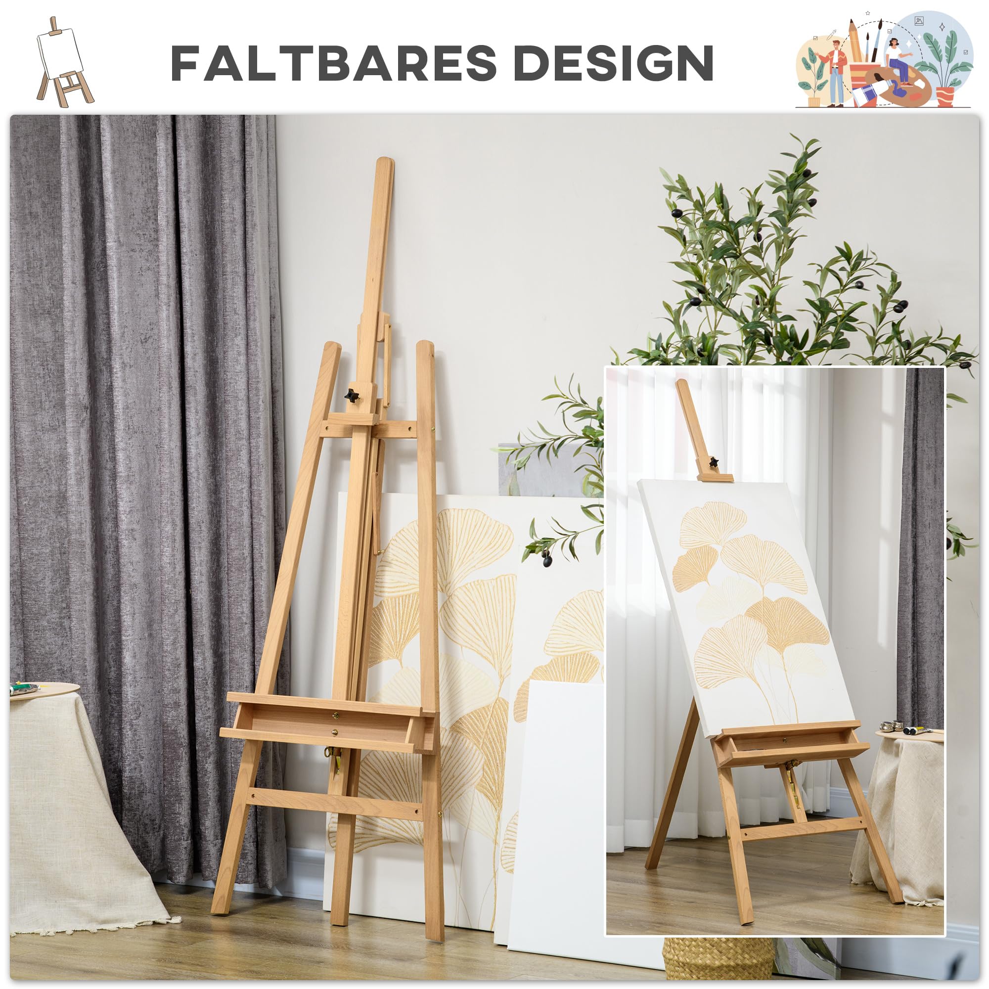 Vinsetto Staffelei Standstaffelei Klappbar Höhenverstellbar bis 120 cm | Atelierstaffelei, Leinwand Ständer mit Halterung für Leinwände, Kunstmalerei, Holz