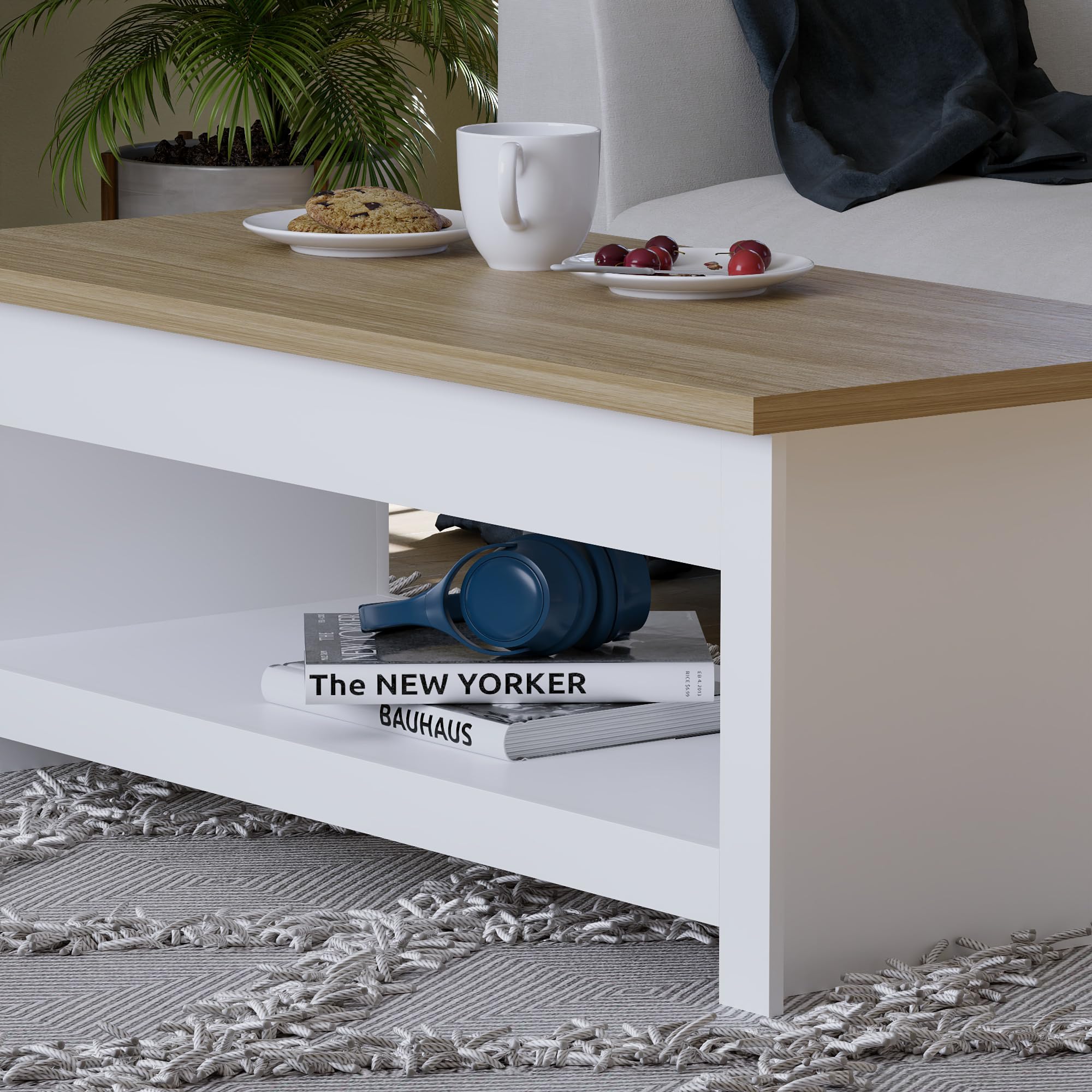 Tavolino Arlington - Bianco E Rovere, 105x47x40.5 Cm, Con Ripiano Inferiore, Legno Ingegnerizzato - Foto 11
