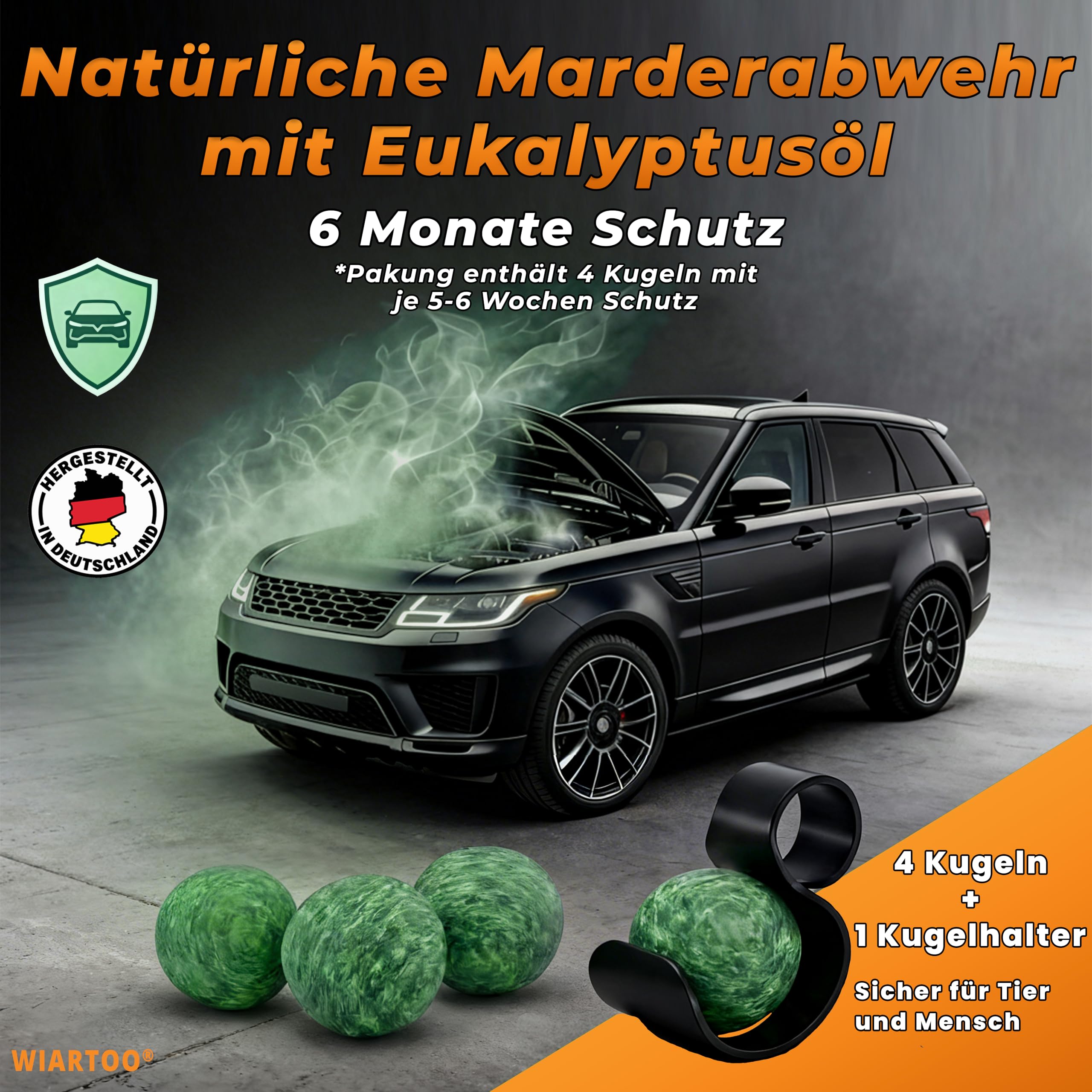 Spaventapasta martore auto – Repellente per martore con olio di eucalipto – espelle martore dal vano motore, sottotetto e garage – 4 sfere profumate + supporto a sfera – Protezione a lunga