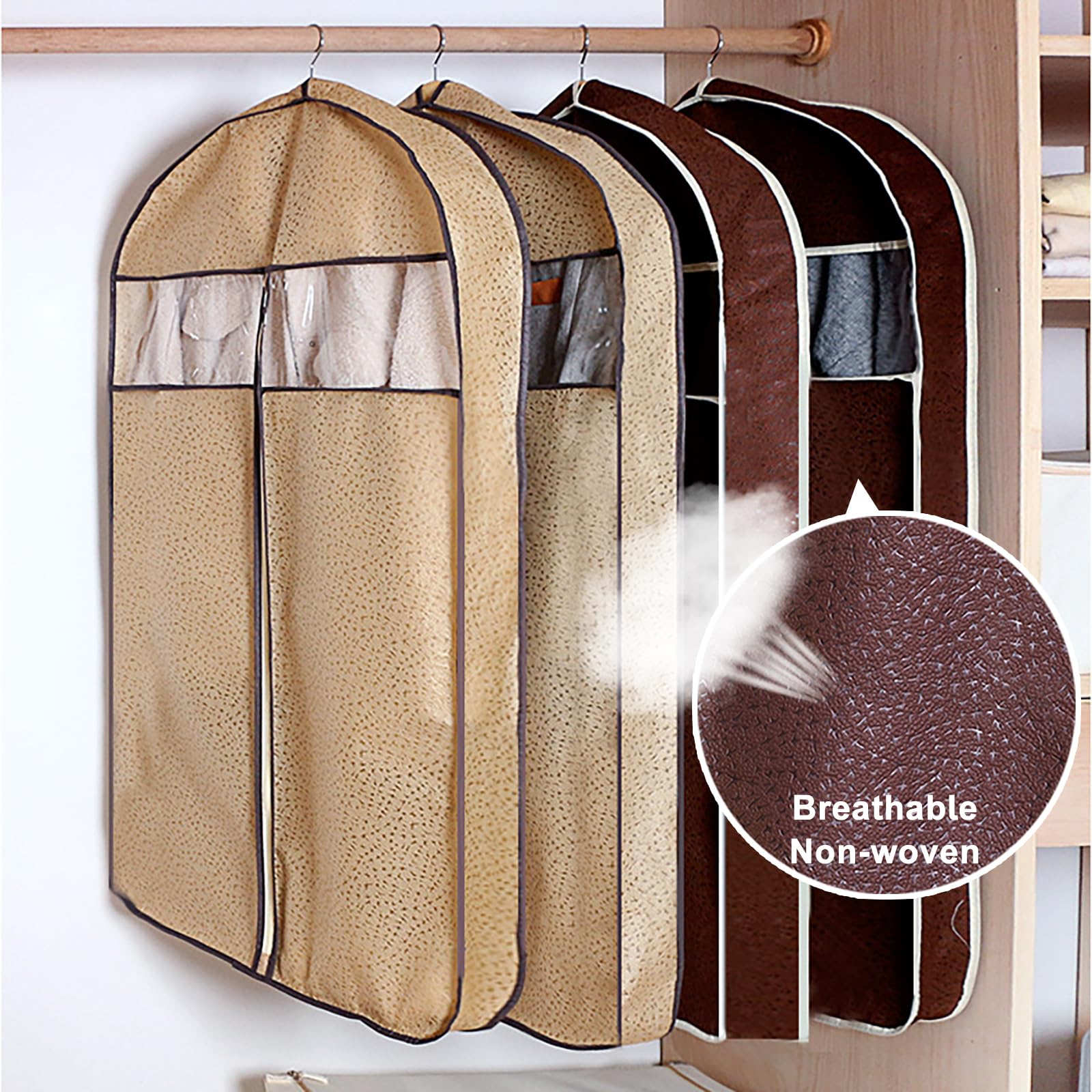 Lot de 3 Housses Respirantes pour Vêtements - Penderie & Voyage - Protections Anti-Poussière en Non-Tissé pour Manteaux/Robes/Fourrures (Système Suspension Intégré)(Size:128cm/50.4in,Color:Brown)