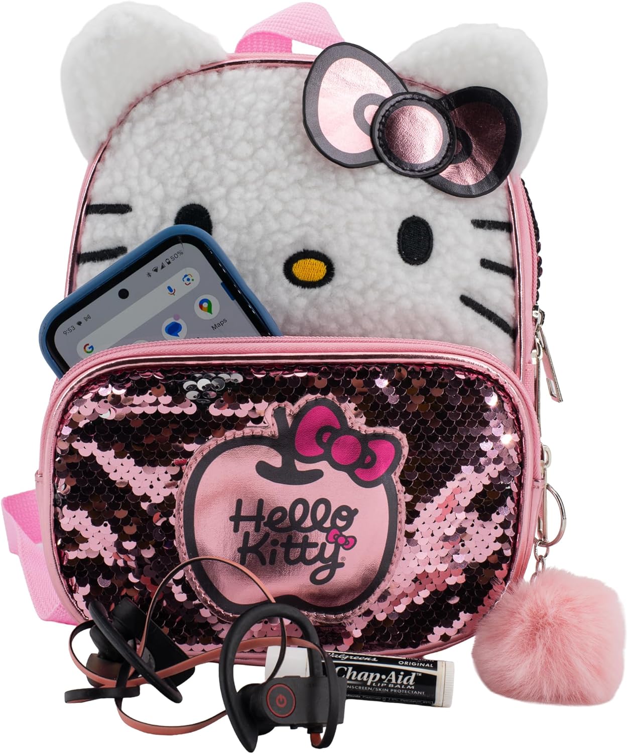 AI ACCESSORY INNOVATIONS Hello Kitty 9” Micro Mini Backpack Purse Featuring 3D Ears & Bow, Sherpa & Sequin Material, & Pompom Dangle, Pink - Image 4