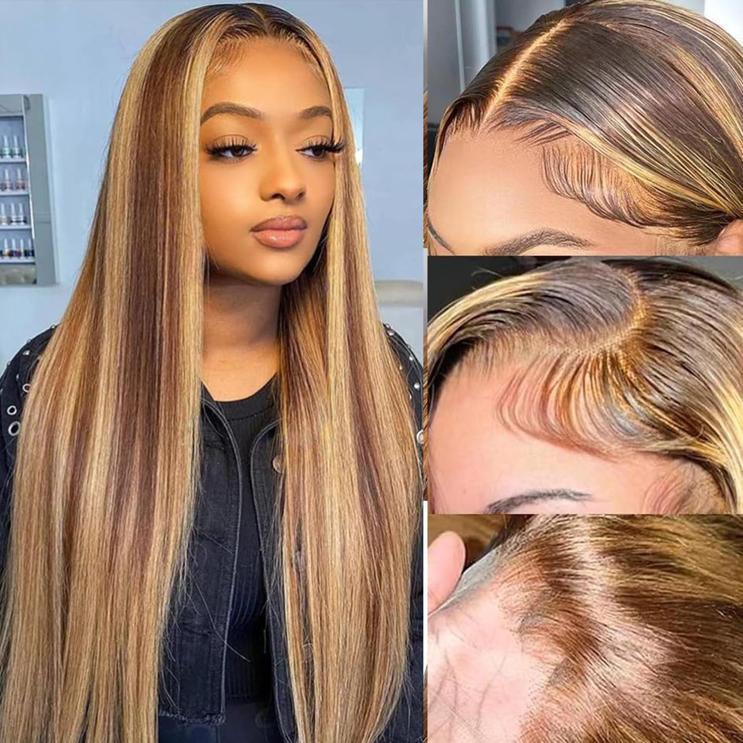 Poysew 20 inch 13x6 Ombre Highlight Lace Front Wig Human Hair 4/27 Colored Straight Human Hair Wigs HD Transparent Lace Frontal Wigs Pre Plucked with