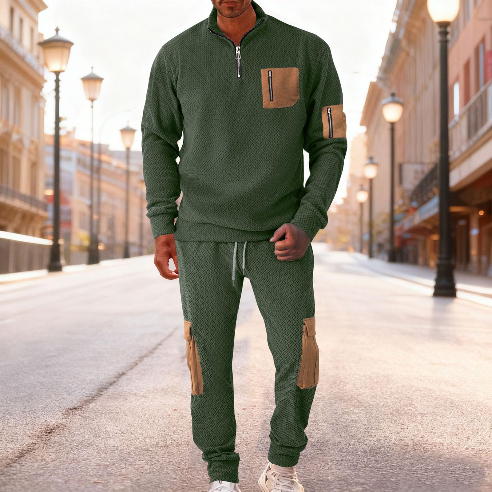 Tuta da jogging da uomo, traspirante, calda a 1/4 zip, per il tempo libero, felpa e pantaloni da jogging, fitness, palestra, cargo, a maniche lunghe, Y2K Streatwear