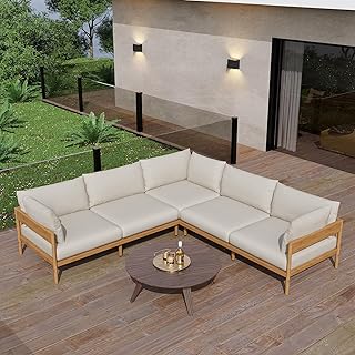 Acanva Modern Outdoor Patio Furniture Set, All-Weather Aluminium Conversation Sectional Sofa with Thick Cushions for Backyard, Garden, Porch, 5 Seats, Beige