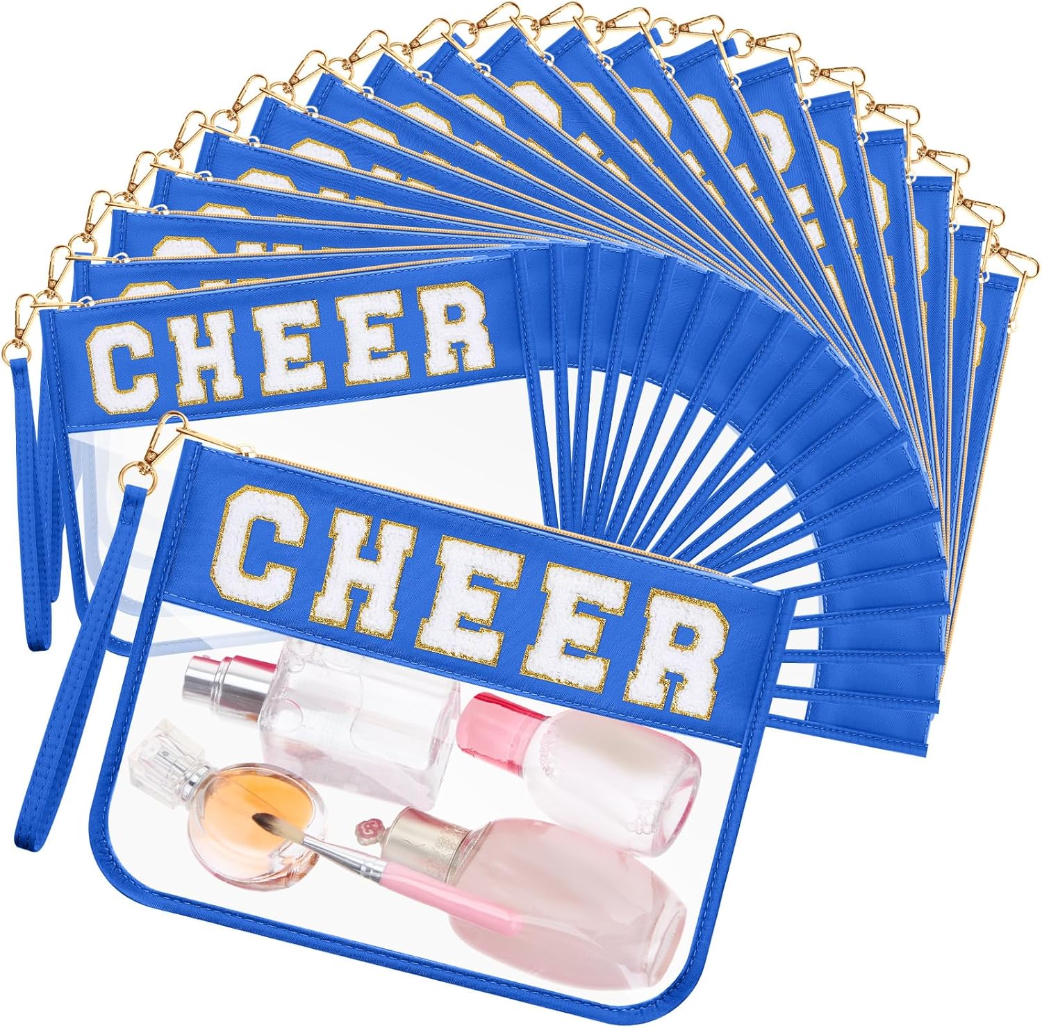 Kacctyen 20 Pcs Chenille Letter Cheer Bags Cheerleader Clear Makeup Bags Snacks Pouch Bulk Preppy Patch Cosmetic Pouch with Wrist Strap Zipper for Travel Team Cheerleaders (Blue)