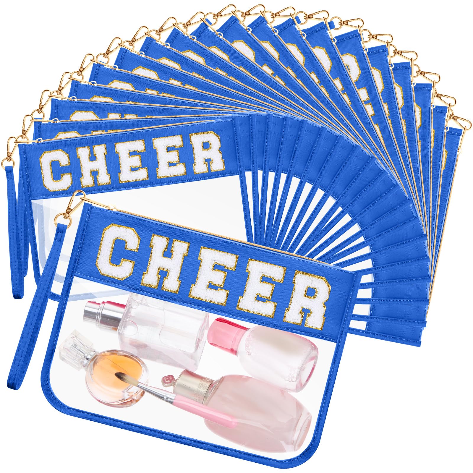 Kacctyen 20 Pcs Chenille Letter Cheer Bags Cheerleader Clear Makeup Bags Snacks Pouch Bulk Preppy Patch Cosmetic Pouch with Wrist Strap Zipper for