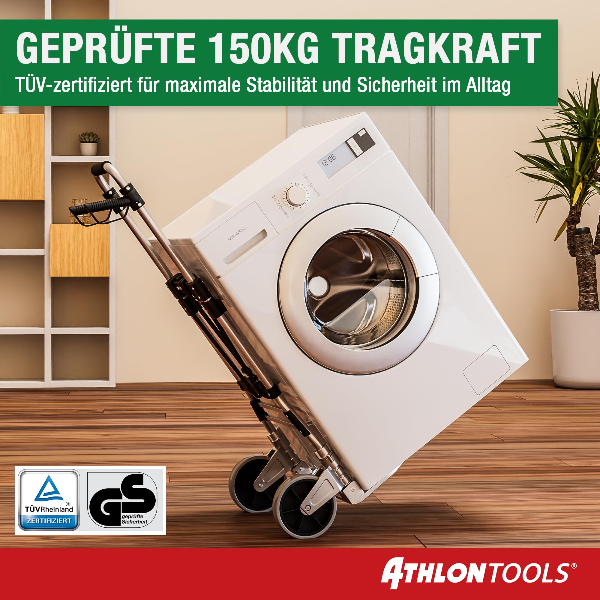 ATHLON TOOLS Schwerlast Sackkarre klappbar 150 kg TÜV GS-geprüft – Langer Teleskopgriff 115 cm, Soft-Laufräder, inkl. 2 Expanderseile - Sackkarre klappbar Alu kompakt & leicht