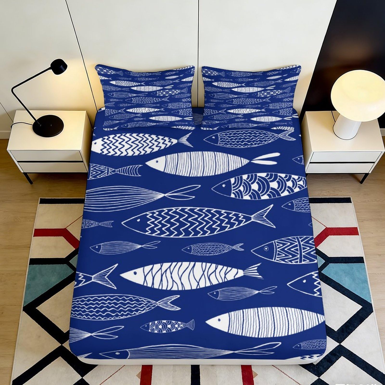 3D Printed Ocean Fish Fitted Sheet Microfiber Deep Pocket Non-Slip Bedroom Bedding Fish Mattress Fitted Cover Washable for Adults 200x200x25cm 90x200x25cm