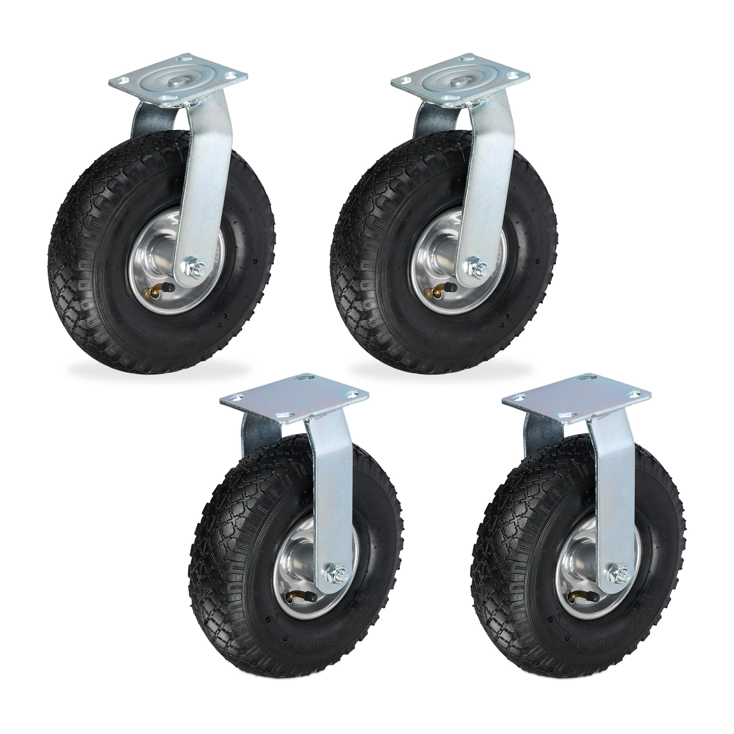 Relaxdays Fixed + 2x Swivel Castor Set, Heavy-duty Wheel with Pneumatic Tyres, 3.00-4, Transport 120 kg, Black/Silver, Steel, 25 x 20 x 13.5 cm