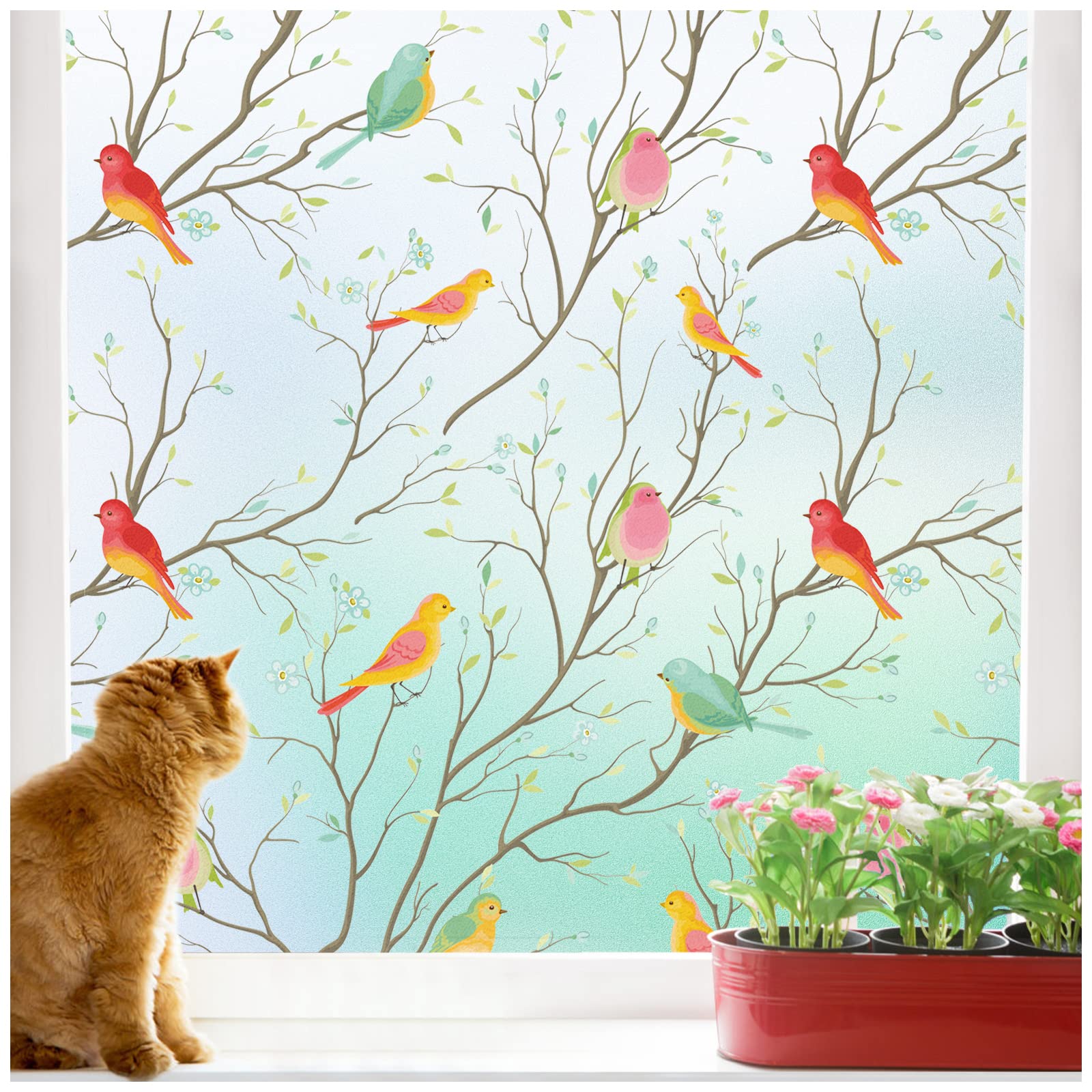 ViseekoWindow Privacy Film Non-Adhesive Bird Window Clings Frosted Window Decals for Glass Room Decor Home Office Bathroom Kids Study Room