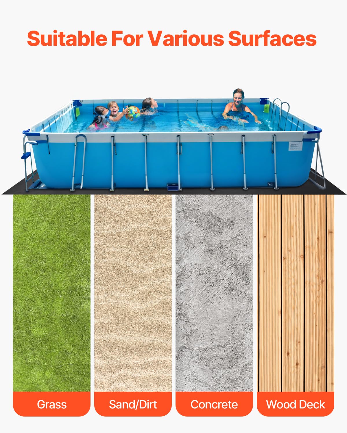 VEVOR Rettangolare Rivestimento per Piscina, Rivestimento Piscine Fuori Terra, Tappetino Piscina Extra Spesso, Materiale Tessuto Durevoli Sottofondo, 488 x 975 cm 180 g/m² Nero 8,7 kg