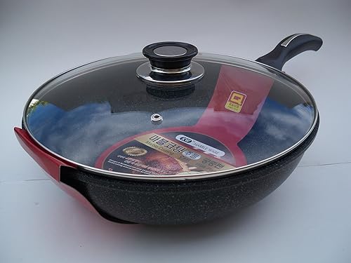 M.V. Trading Wok de cerámica con revestimiento de mármol fundido de aluminio antiadherente con tapa de cristal, 11.8 in