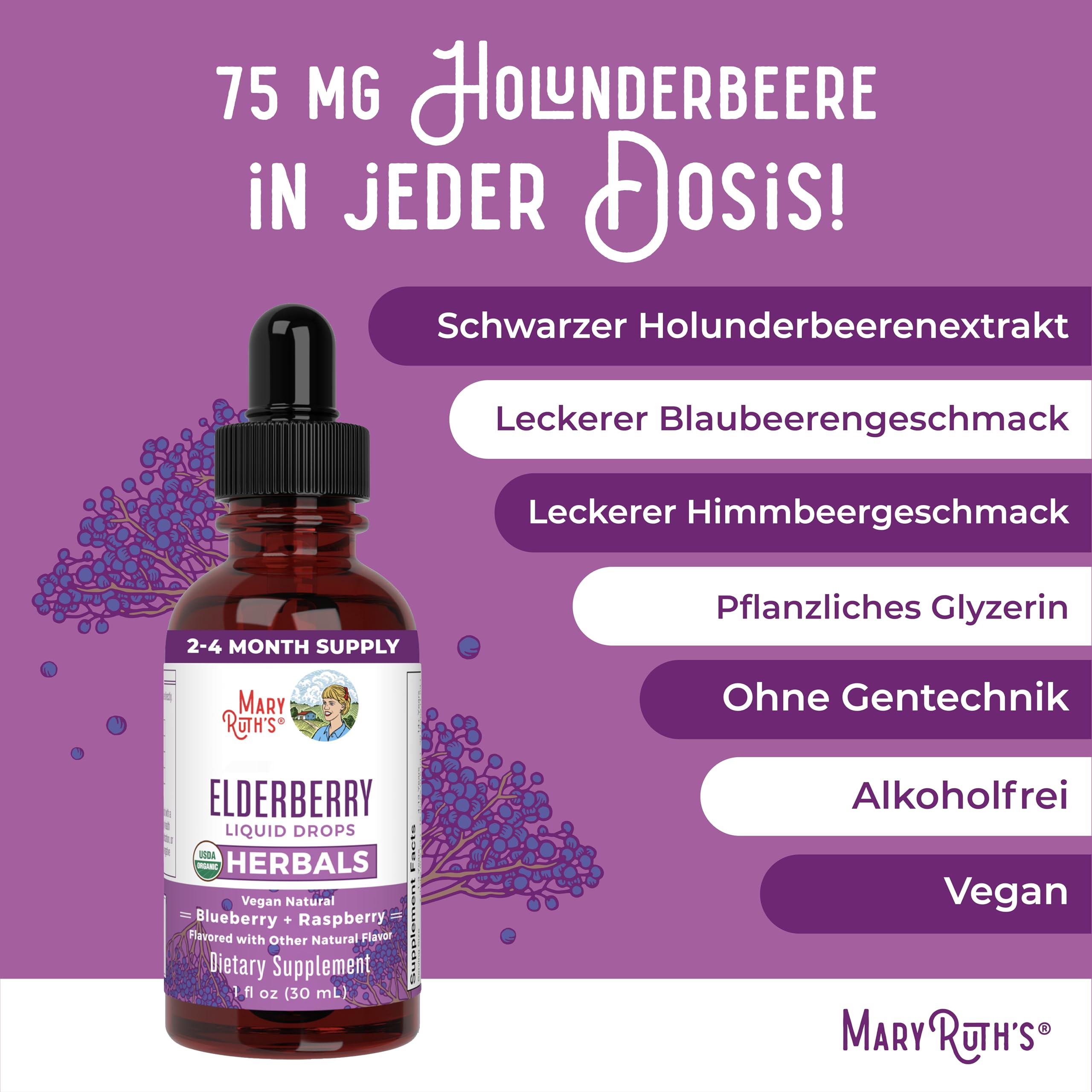 MaryRuth's, Elderberry Drops, 30ml, 150mg Holunder-Extrakt je Dosis, Holunder-Blaubeergeschmack, Vegan, Glutenfrei, Sojafrei, GMO frei
