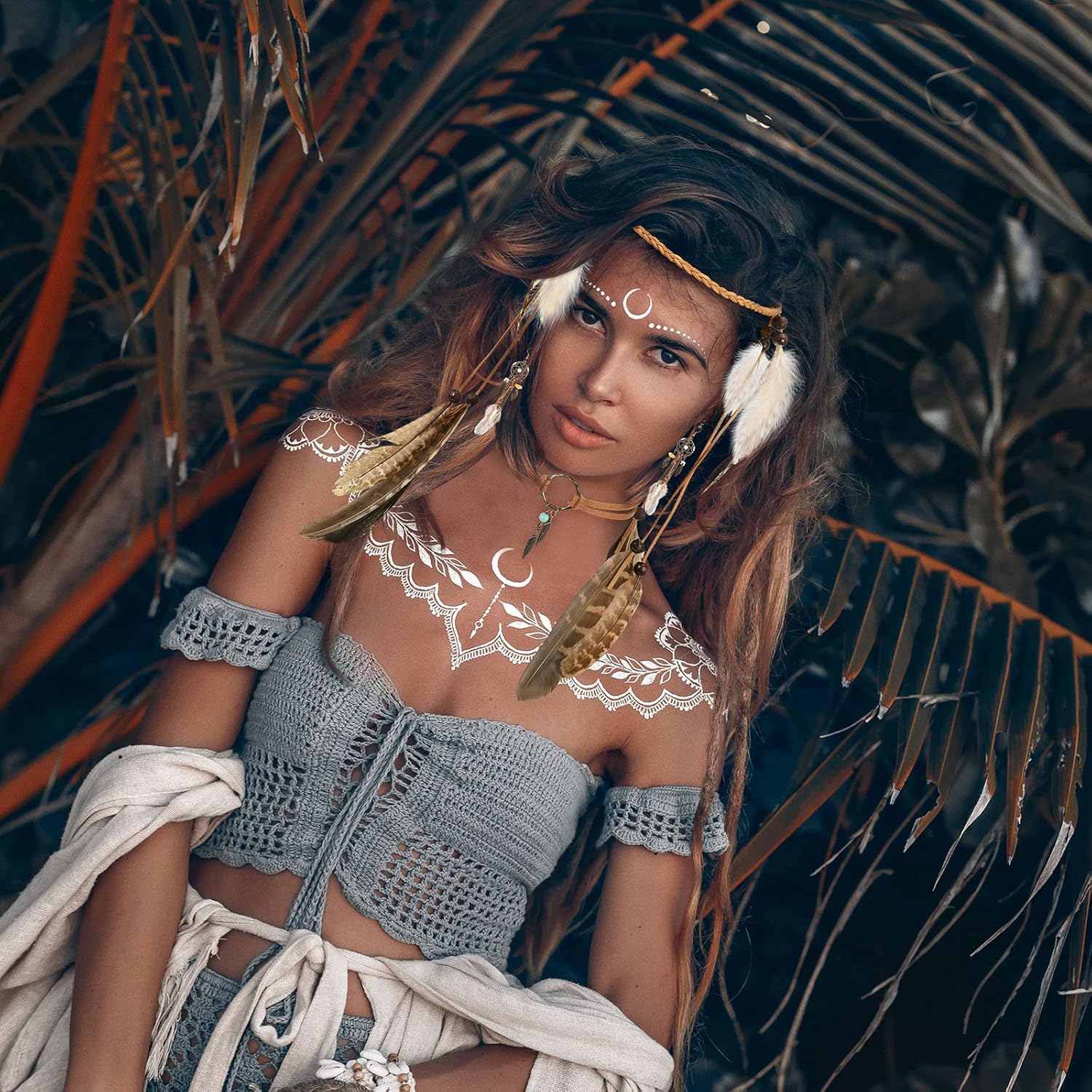 Censen 10 Pcs Indian Native American Jewelry Set for Women Headdress Feather Accessories Retro Drop Necklace Earrings White Temporary Tattoos Halloween Party Cosplay Costumes Festival Hair Accessories - Image 4