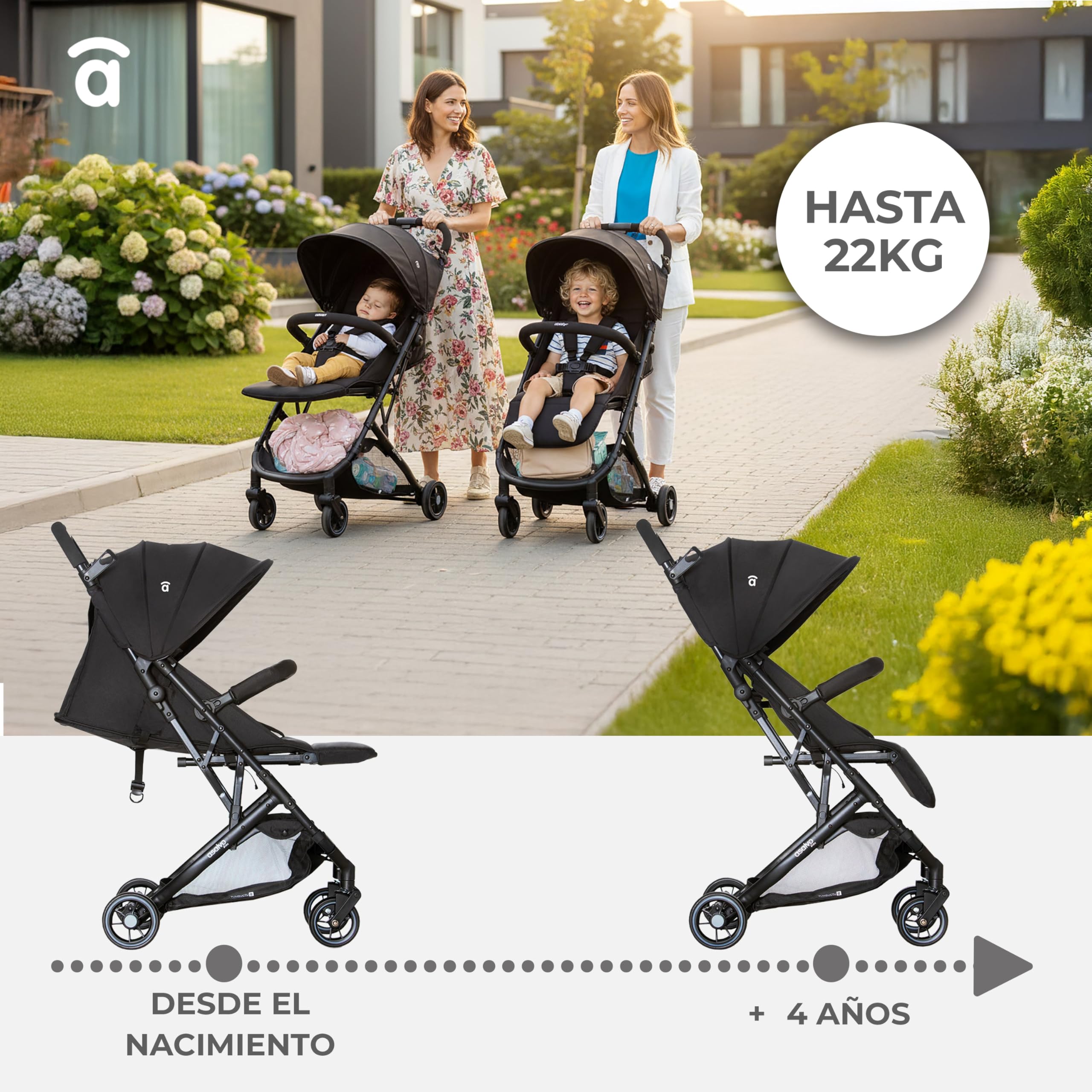 Asalvo TUMBUCTU Poussette ultra légère pour bébé, dossier inclinable, poussette urbaine, harnais 5 points, SPF50+, capote avec fenêtre, maniable, dès la naissance jusqu'à 23 kg, noir