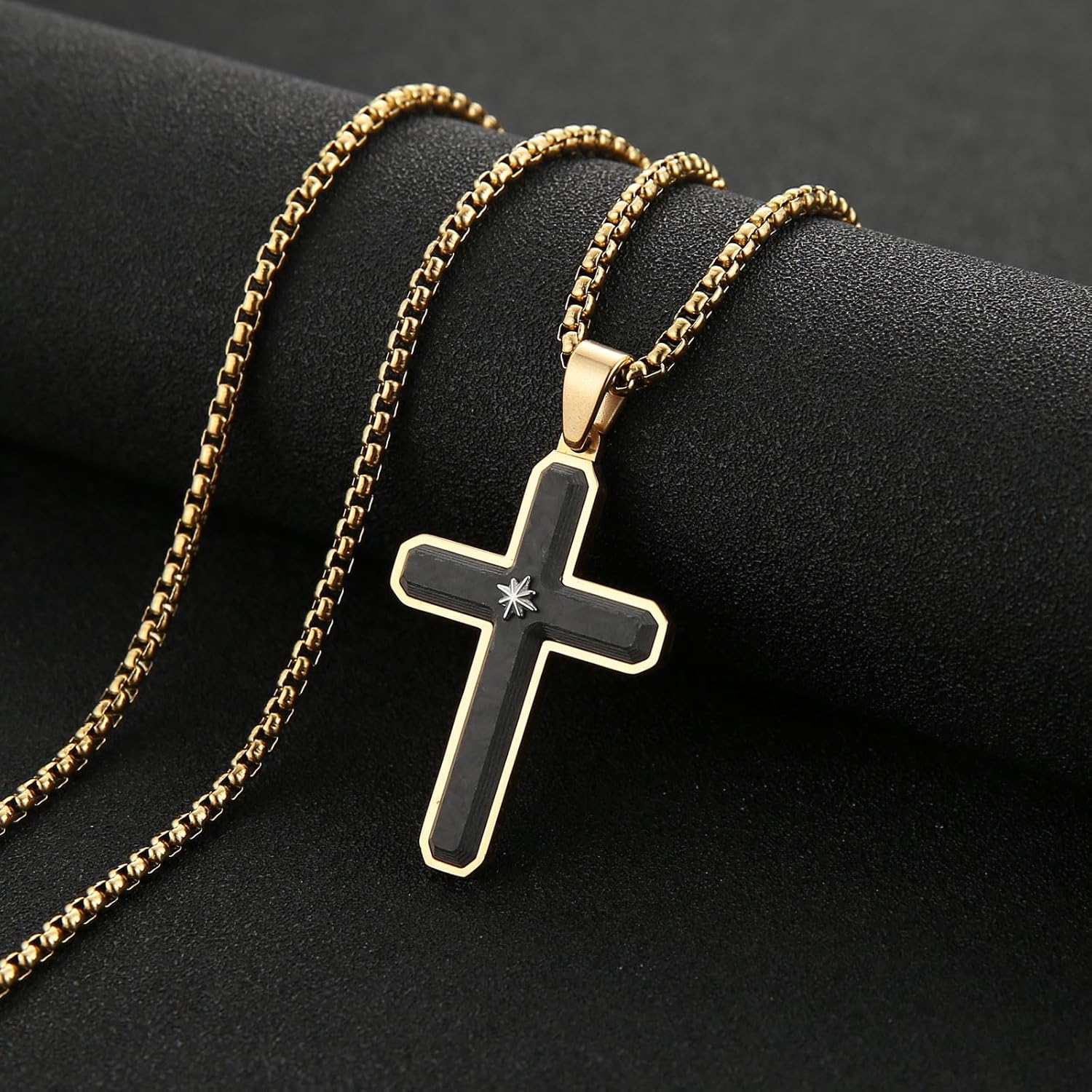HZMAN Carbon Fiber Cross Necklace for Men Stainless Steel Christian Crucifix Pendant Includes Necklace 22+2" Box Chain - Image 4