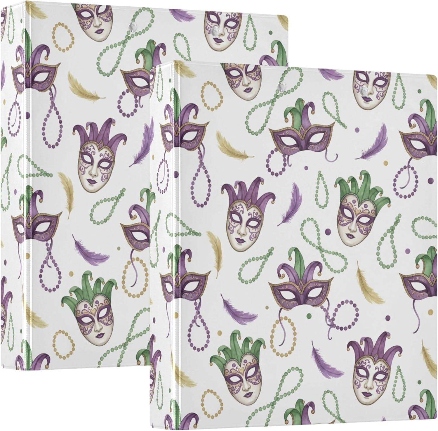 Mardi Gras Theme 3 Ring Binders, 1.5” Round Ring Binders with Clipboard - Letter Size, 3 Interior PVC Clear Pockets & Anti-Slip Clip for Office School Supplies, 2PCS