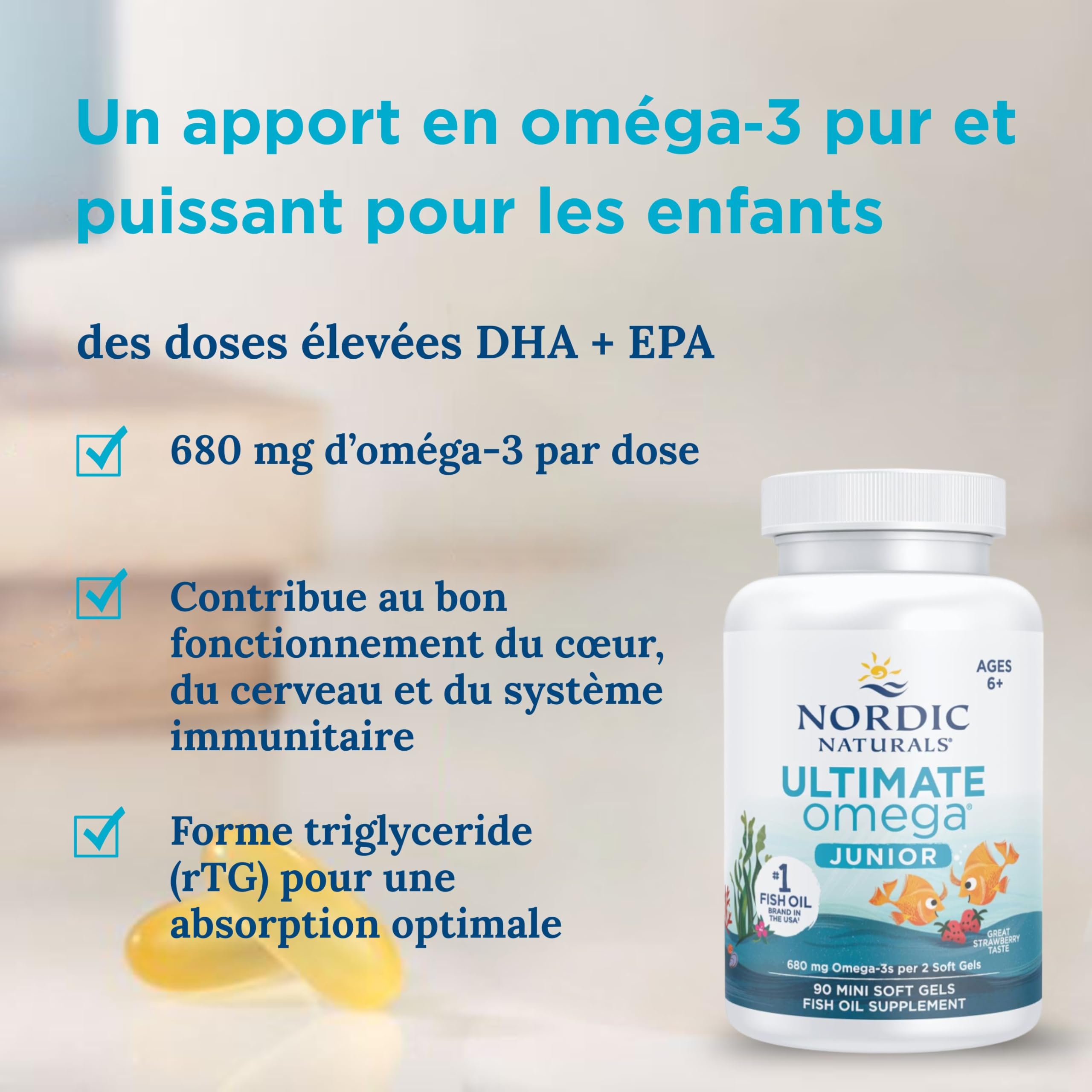 Nordic Naturals Ultimate Omega 3 JR, compléments d’huile de poisson oméga-3 680 mg pour enfants, goût fraise avec EPA et DHA, 90 capsules molles, sans soja, sans gluten, facile à avaler