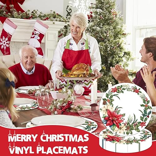 Miniatura 7 de Tarklanda Juego de 6 manteles individuales florales de Navidad, redondos, lavables, de vinilo, de 13.4 pulgadas, manteles individuales de plástico