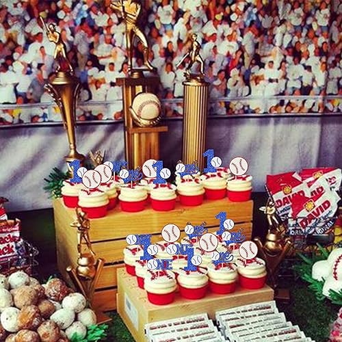 Miniatura 6 de Rsstarxi Paquete de 24 adornos para cupcakes de béisbol con purpurina para primer cumpleaños, decoración para cupcakes, temática deportiva, baby