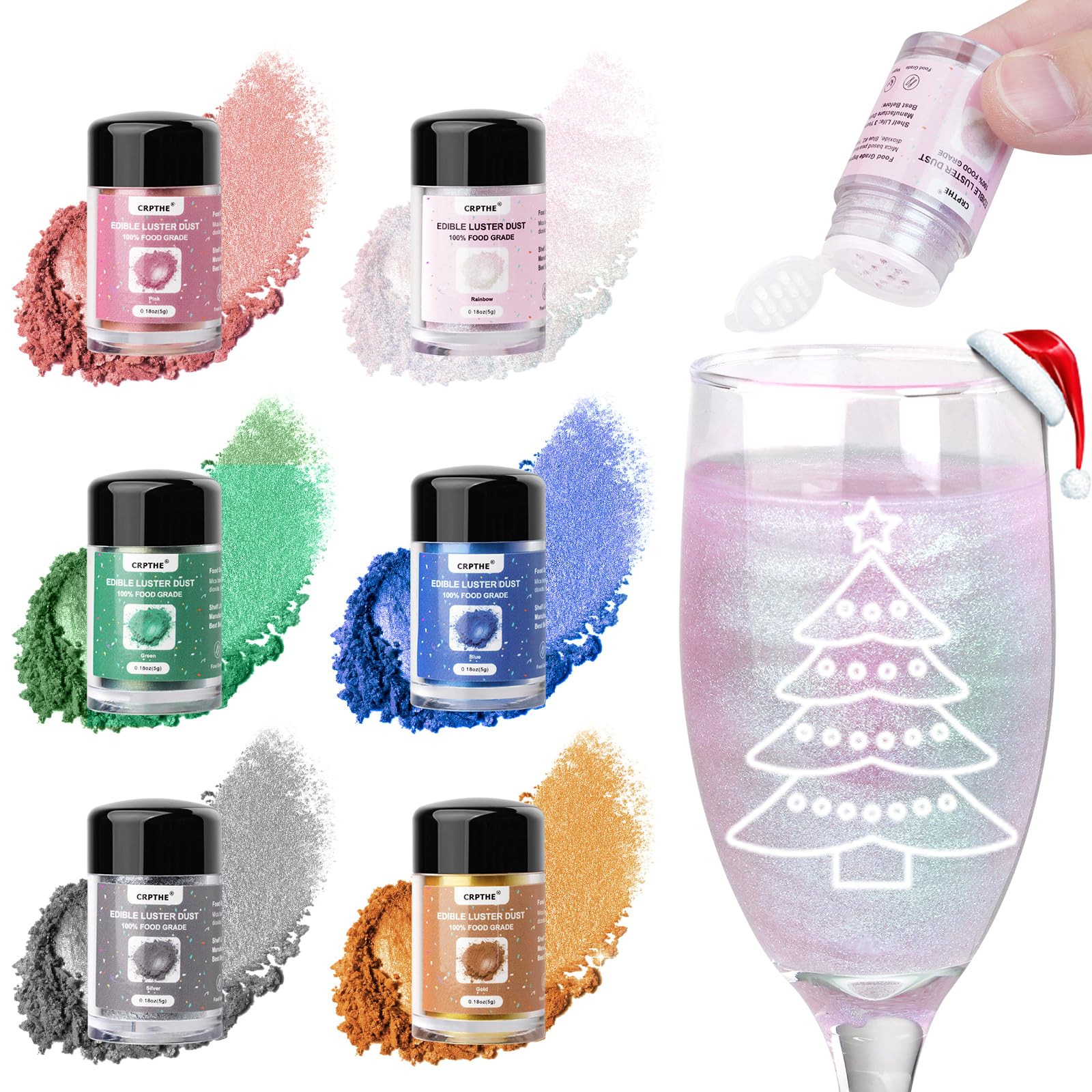 CRPTHE 6 Colors Luster Dust Edible Set, Edible Glitter for Drinks, Food Grade Glitter Shimmer Sprinkle Powder for Cocktails, Baking, Beverages, Cakes, Strawberries, Cookies, Fondant, Vegan(5g/Bottle)CRPTHE 6 Colors Luster Dust Edible Set, Edible Gli…