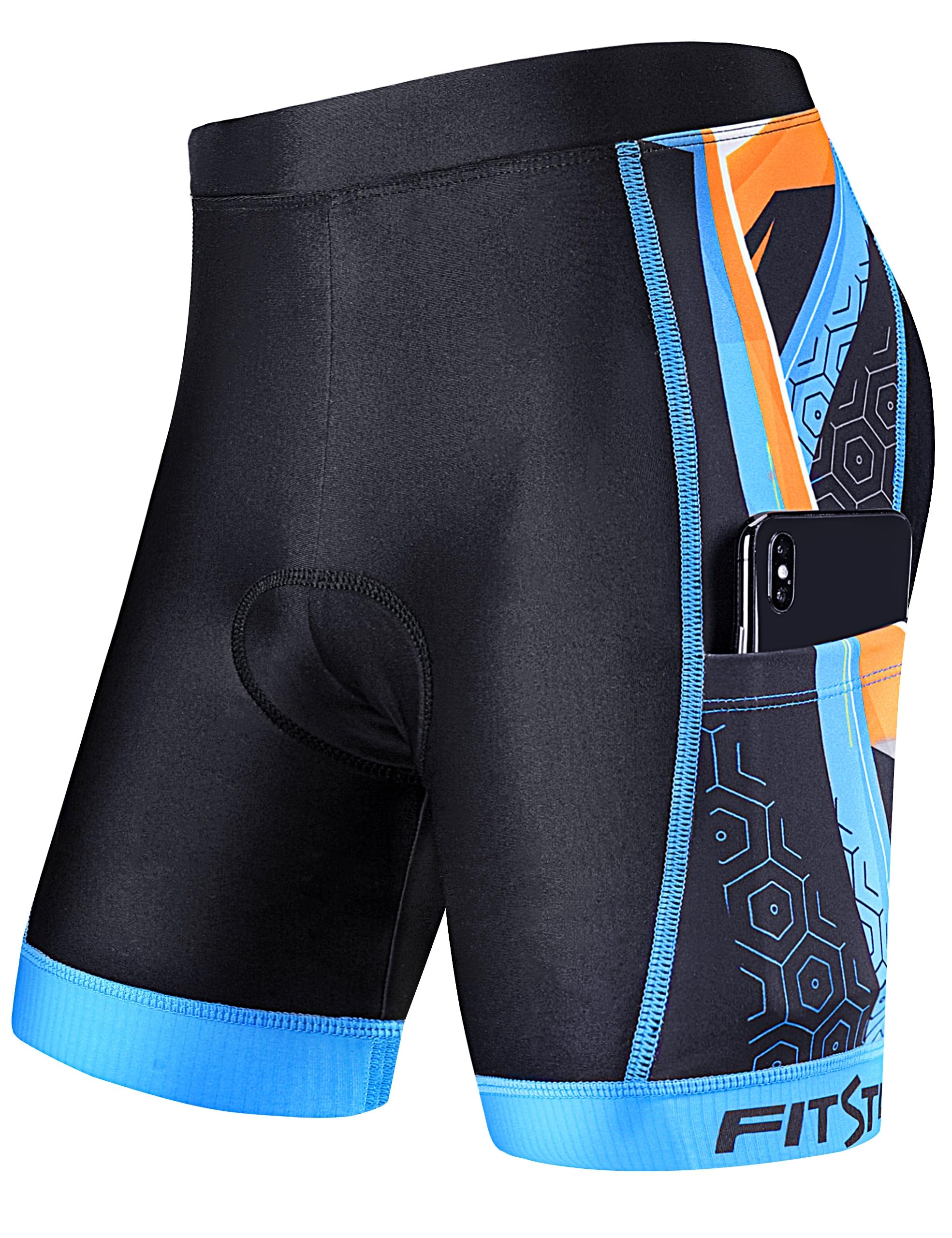 FitsT4 Sports Kids Cycling Bike Shorts Boys Girls Printed Biking Shorts Padded Youth Triathlon Shorts with Pockets Blue Orange Size M