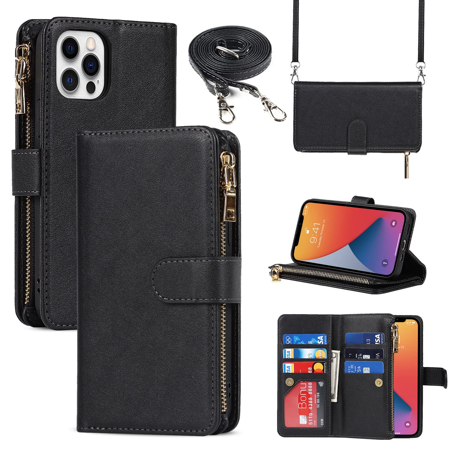 Cavor for iPhone 12 Wallet Case,for iPhone 12 Crossbody Case with Strap Stand,Card Holder for Women Men,Leather Magnetic Protective Phone Case Cover,Black