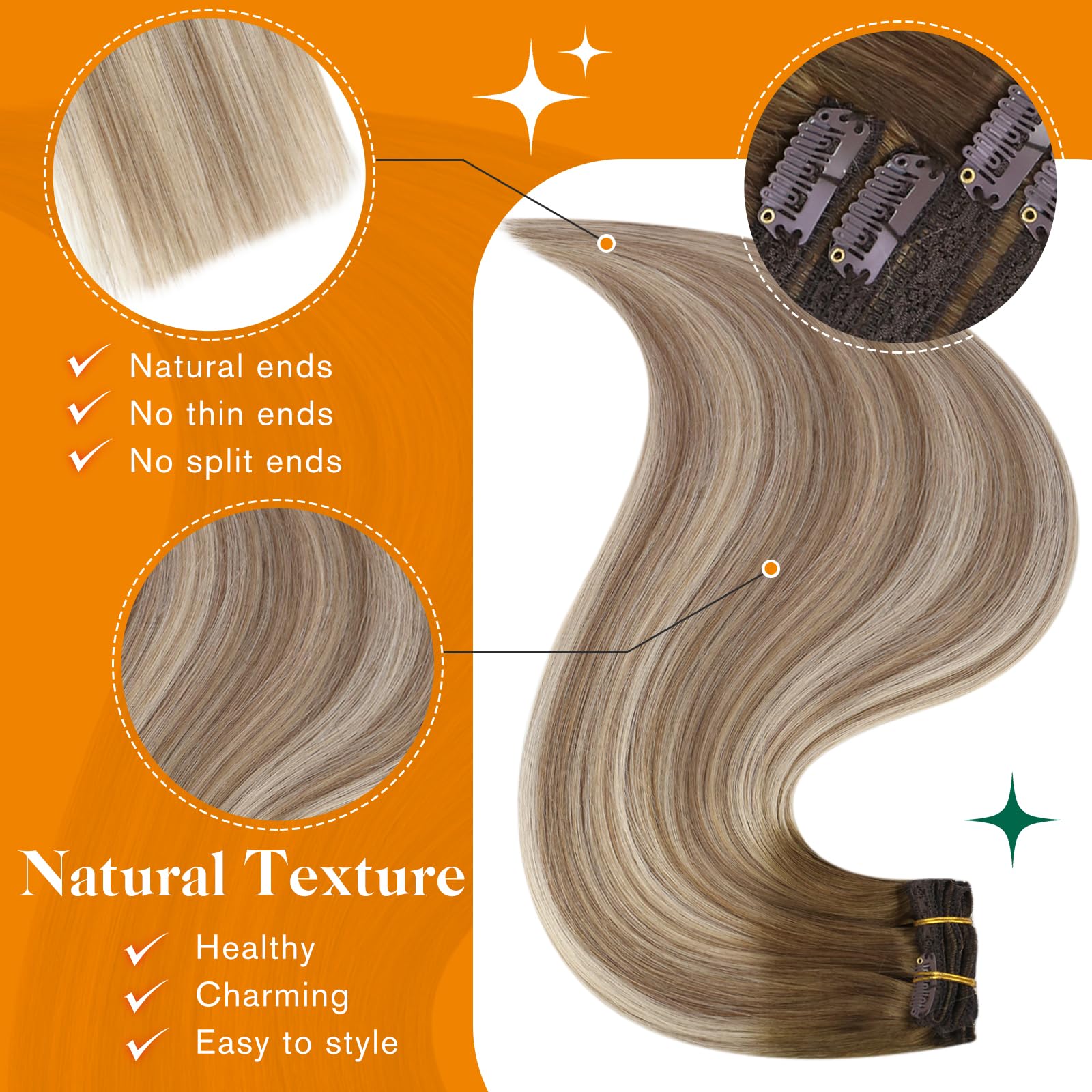 Easyouth Hair Clip Extensions 14 Inches 120g Pack of 10 Colour Off Black Fade To Ash Blonde Remy Hair Clip Hair Extensions - Image 4