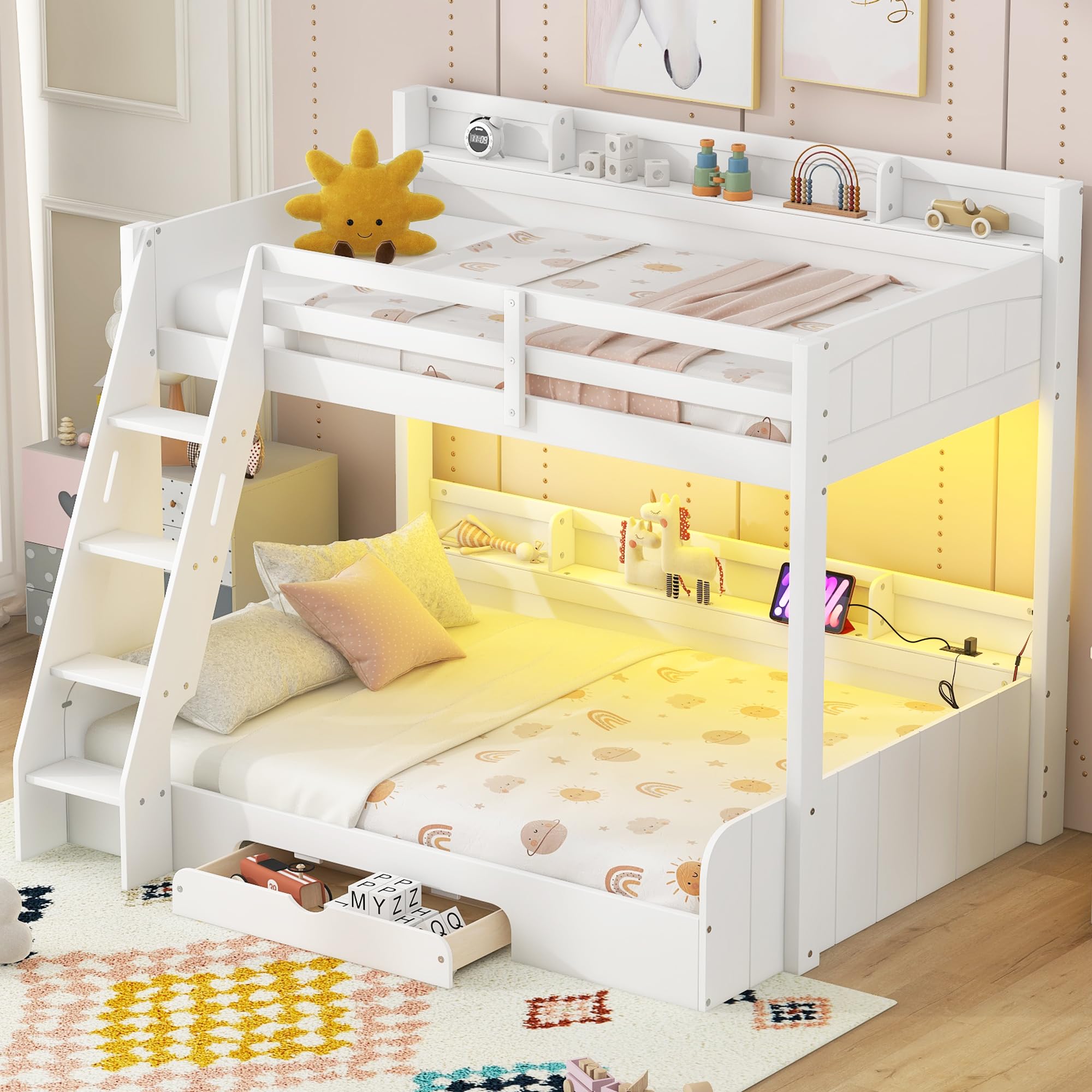 Wood Bunk Bed Twin Over Full Size with Built-in Storage Shelves and Charging Station, Versatile Bunk Bed Frame with Ladder and Guardrail for Kids Teens Adult, Maximize Space (White-5.6)