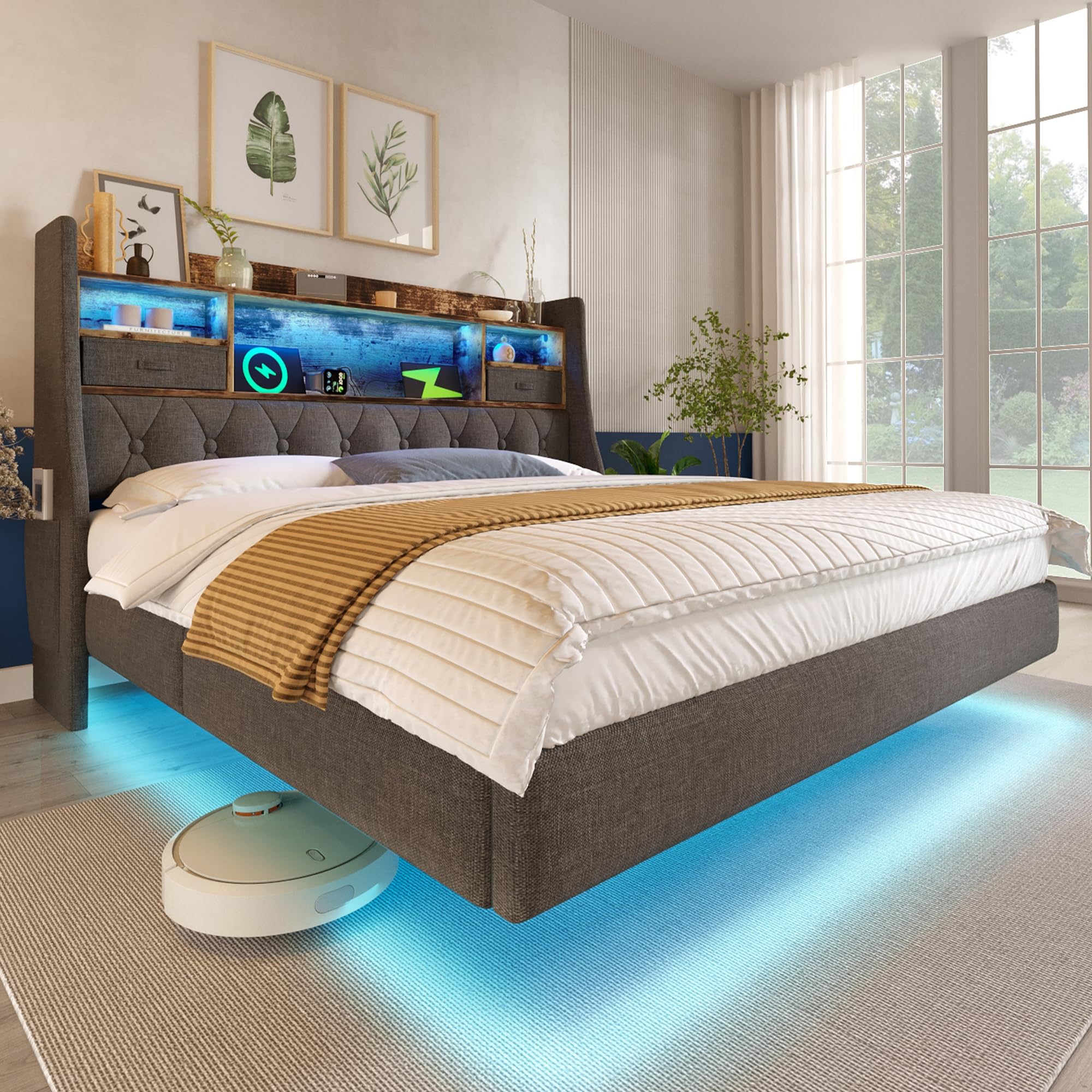 Double Floating Bed Frame with Upholstered Storage Headboard,4ft6 Double Bed Frame with USB Type-C Charging & LED Lighting,Stable Sturdy Linen Platform Bed Frame,No Box Spring Needed,Grey,135x190 cm