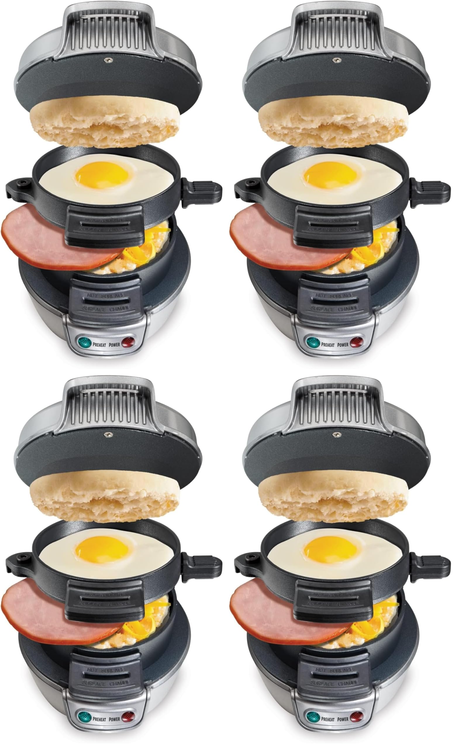 Hamilton Beach Breakfast Sandwich Maker with Egg Cooker Ring,Customize Ingredients,Perfect for English Muffins,Croissants,Mini Waffles,Perfect White Elephant Gifts,Silver (25475),(Pack of 4)