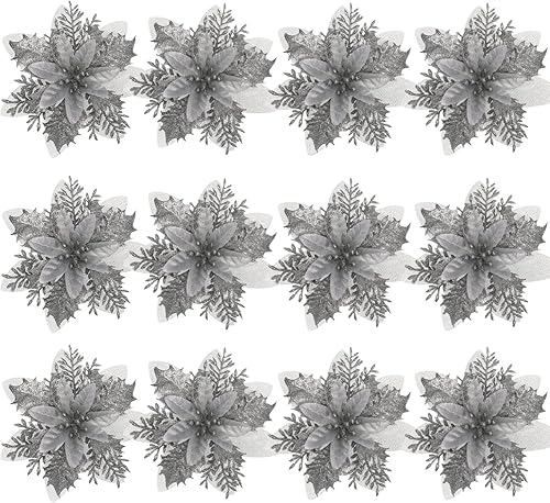 Miniatura 1 de TOYANDONA 12 flores de Pascua de Navidad, flores de pascua artificiales con purpurina, decoración de corona para fiesta en el hogar, árbol de