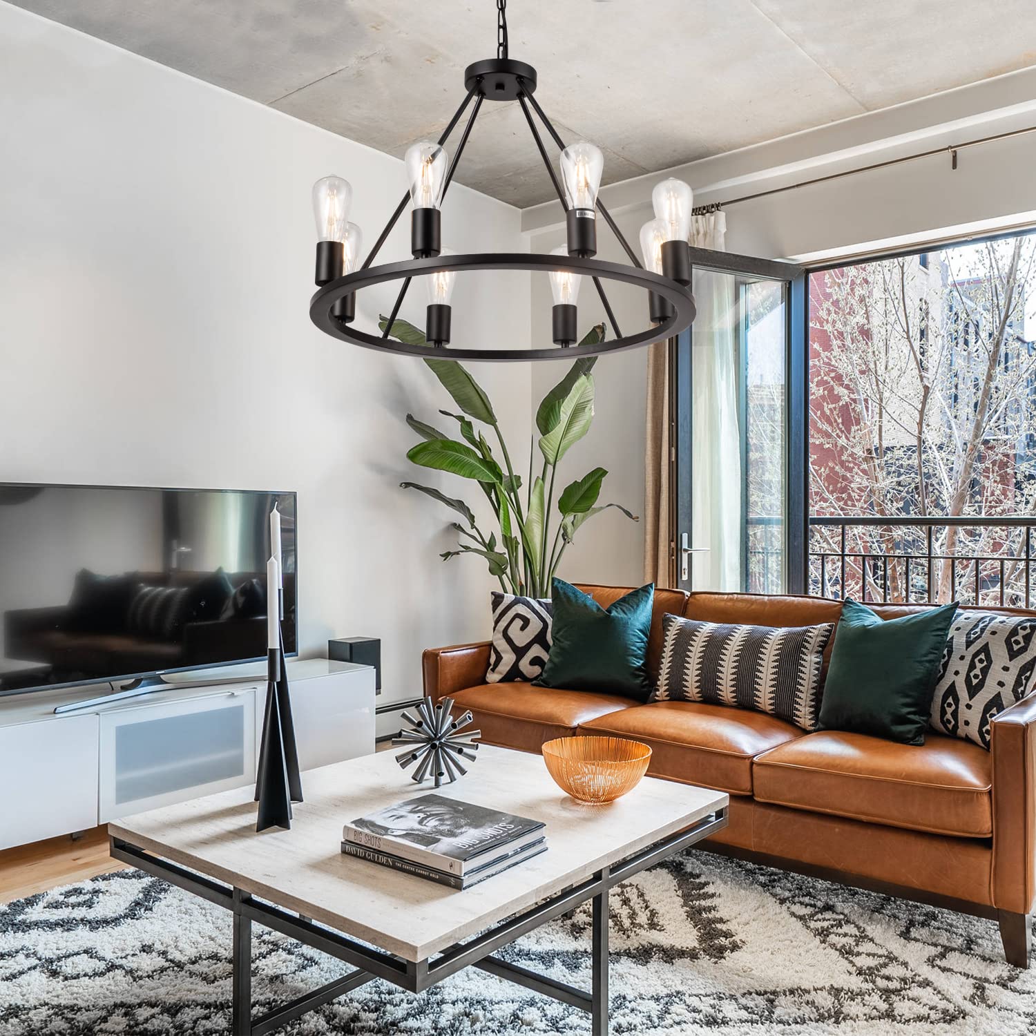 Brfaixla Black Metal Chandelier 8-Light 23.6'' Wagon Wheel Chandelier Modern for Kitchen Island, Industrial Rustic Vintage Farmhouse Round Chandelier for Living Dining Room Entryway Foyer