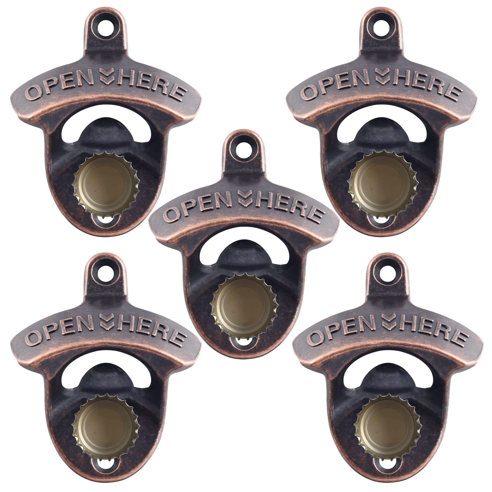 Magnetischer Bierflaschenöffner aus Edelstahl, zur Wandmontage, mit magnetischem Kappenfänger, eingebaut, rustikal, für Bierliebhaber, 5 Packungen (antikes Kupfer)