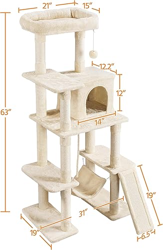 Miniatura 4 de Yaheetech Árbol para gatos, estructura de juego para gatos de varios niveles de 63 pulgadas con postes rascadores, hamaca y bola colgante