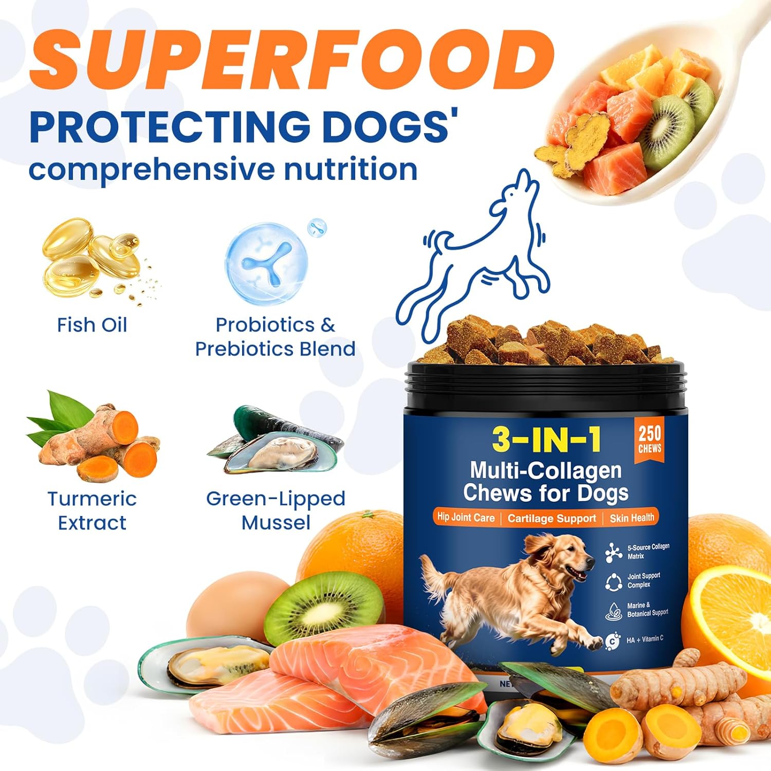 Multi Collagen Soft Chews for Dogs 250 Count for Hip & Joint Supplement Skin & Coat Health Cartilage Mobility Support with Glucosamine Probiotics Hyaluronic Acid Eggshell Membrane (Chicken Flavor)