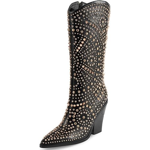 iiimmu Womens Boots Pointed Toe and Chunky Heel Boots for Women Luxurious Studded Boots Tall Boots with Metallic Rivets, White/Black Size US 5-12